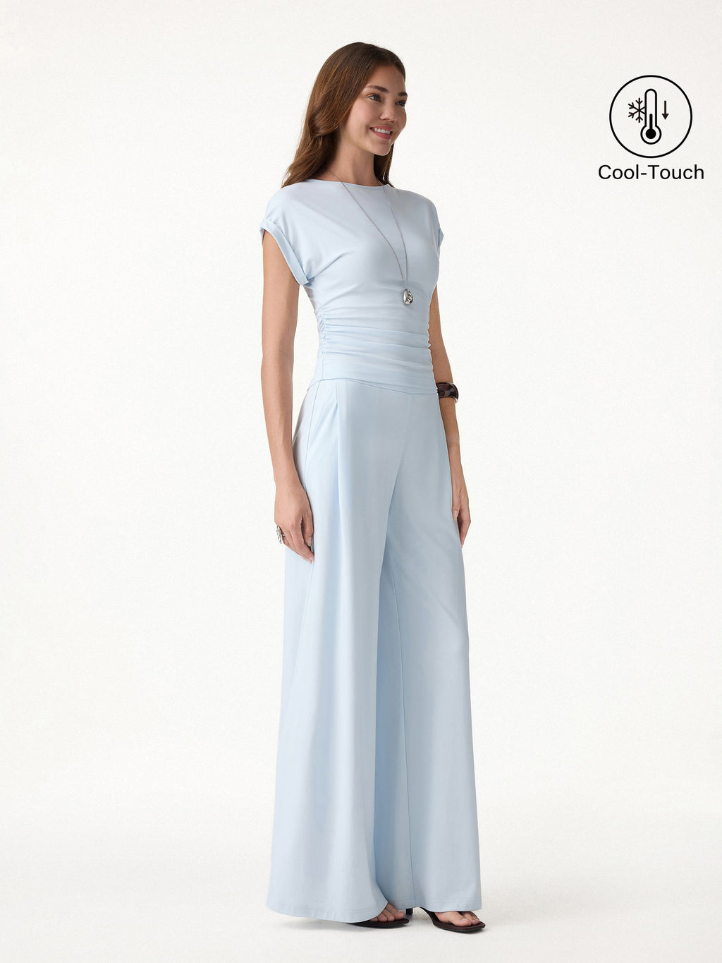 2Pcs Set Round Neck Ruched Tee & Mid Rise Wide Leg Pants