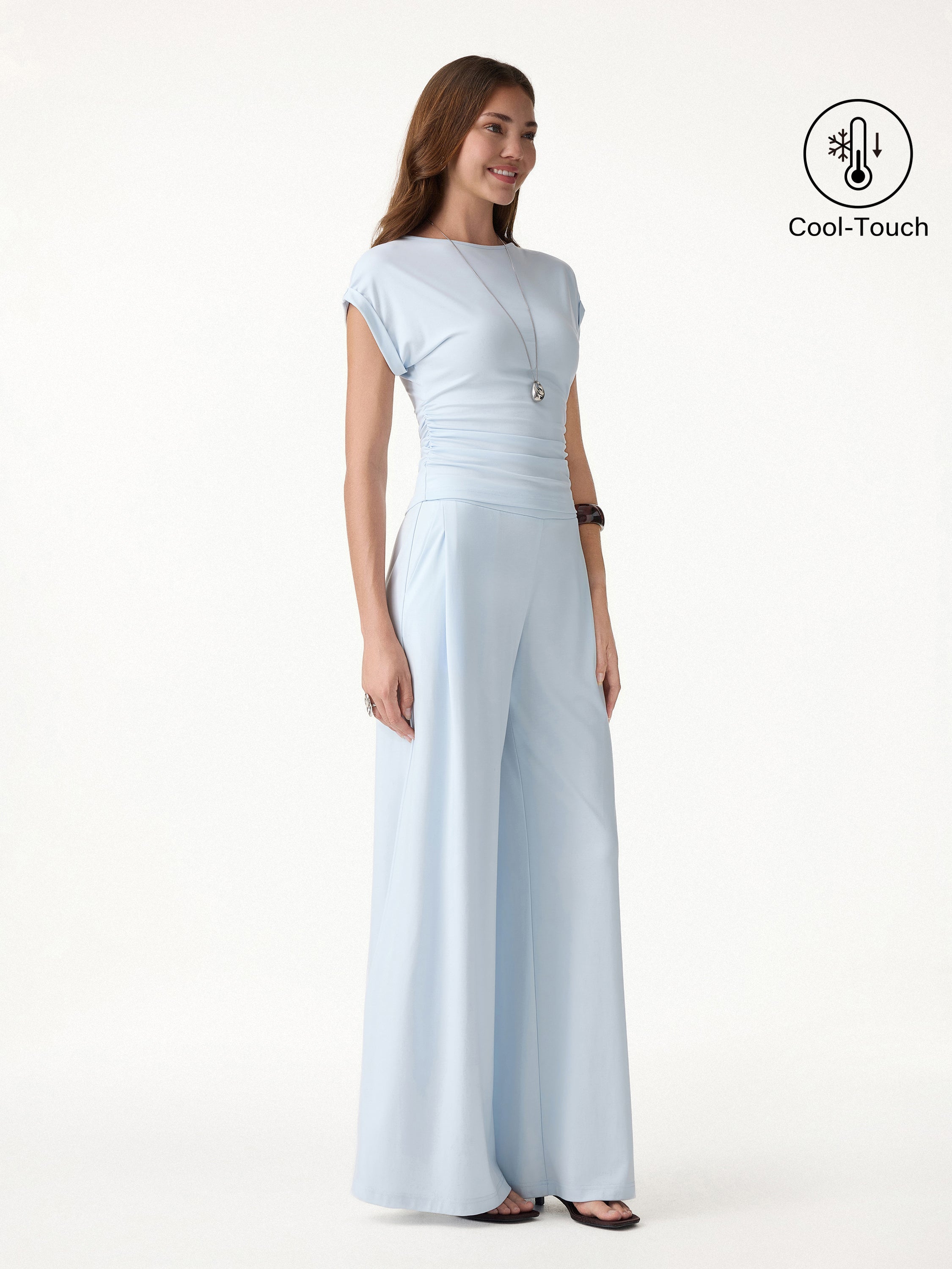 2Pcs Set Round Neck Ruched Tee & Mid Rise Wide Leg Pants
