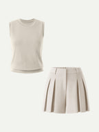 2Pcs Set Crew Neck Top & High Rise A-Line Pleated Shorts