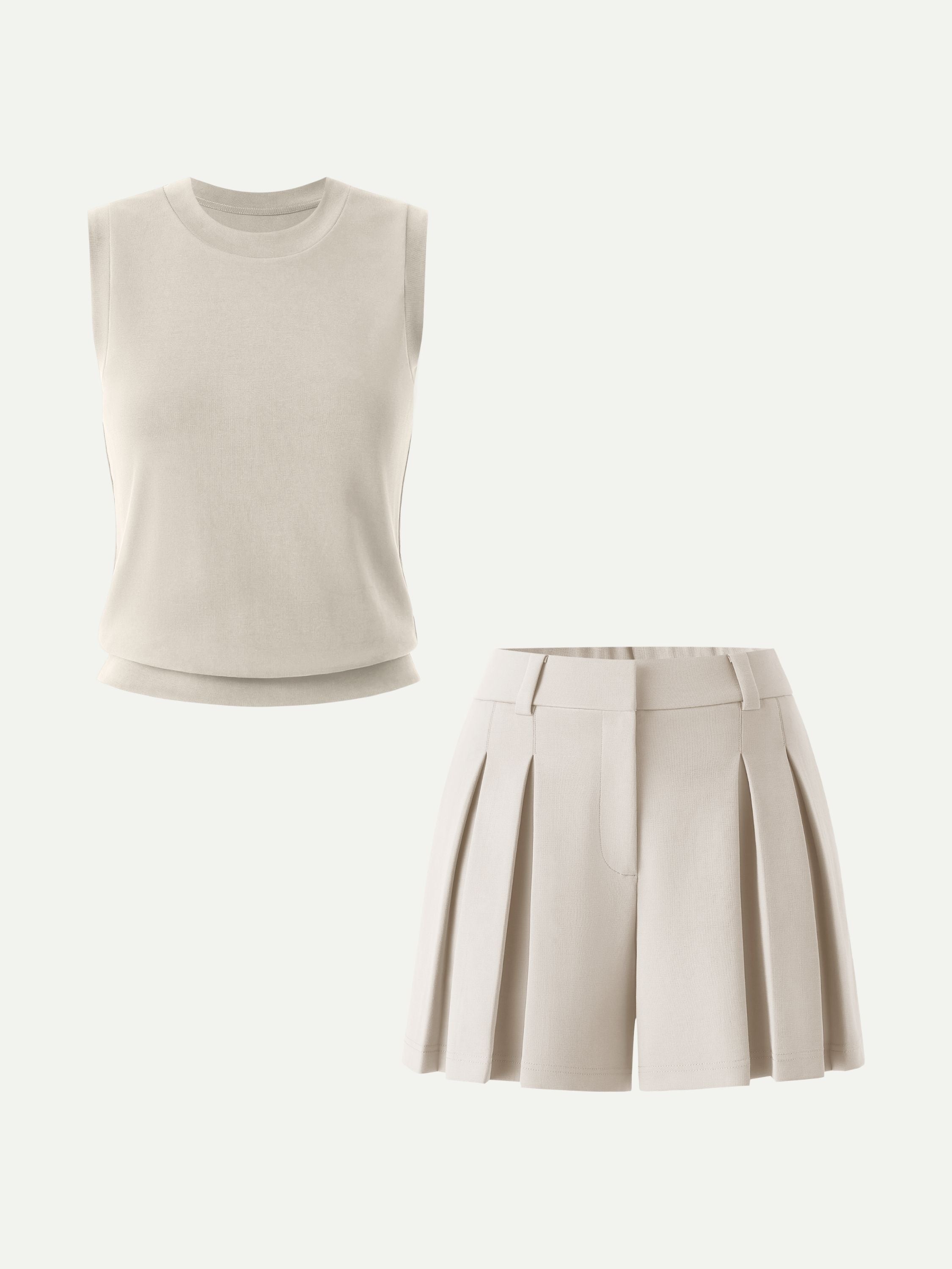 2Pcs Set Crew Neck Top & High Rise A-Line Pleated Shorts