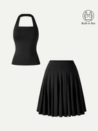 2Pcs Set Halter Going-Out Bra Top & Knee-Length Flare Skirt