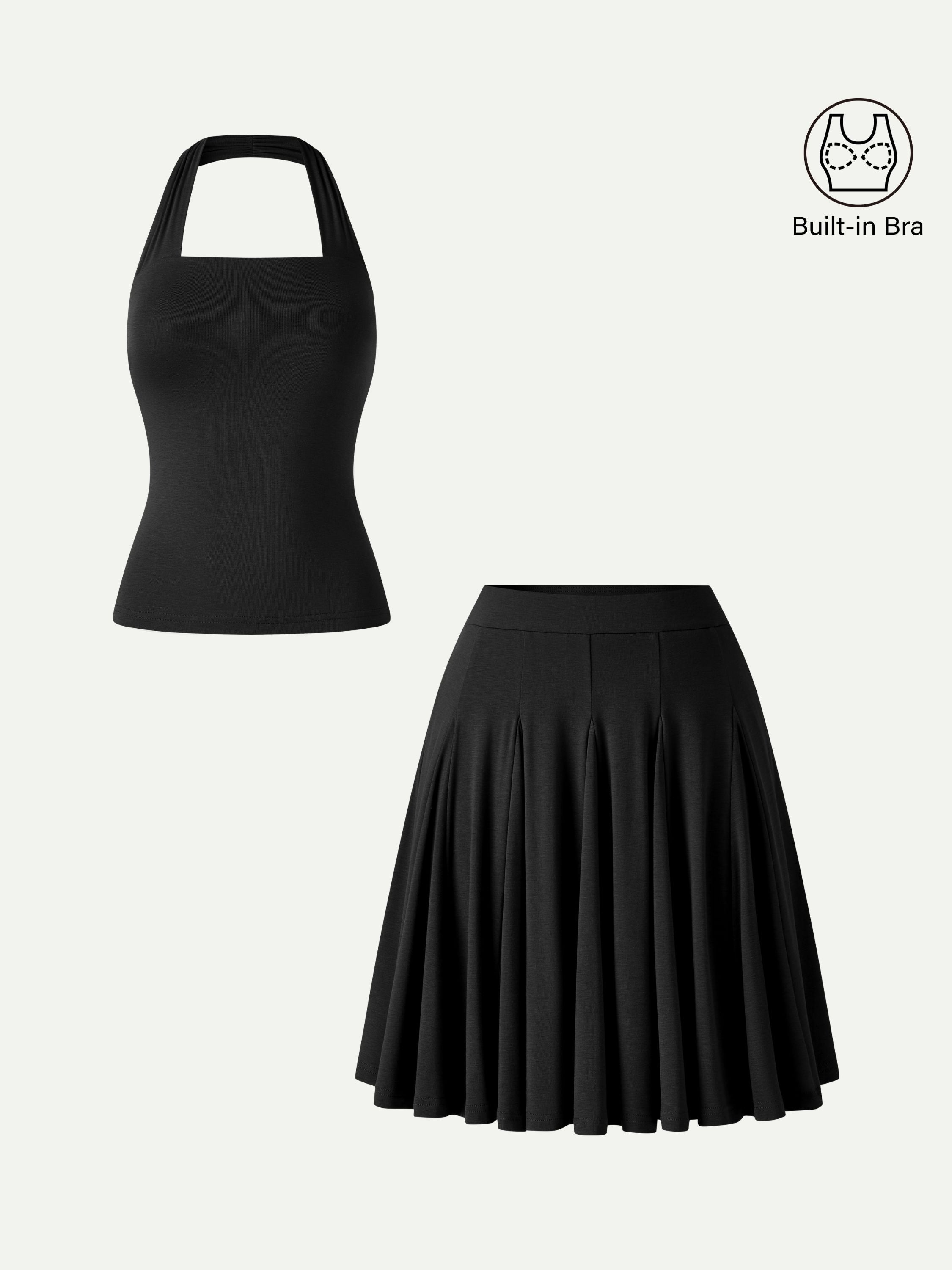 2Pcs Set Halter Going-Out Bra Top & Knee-Length Flare Skirt