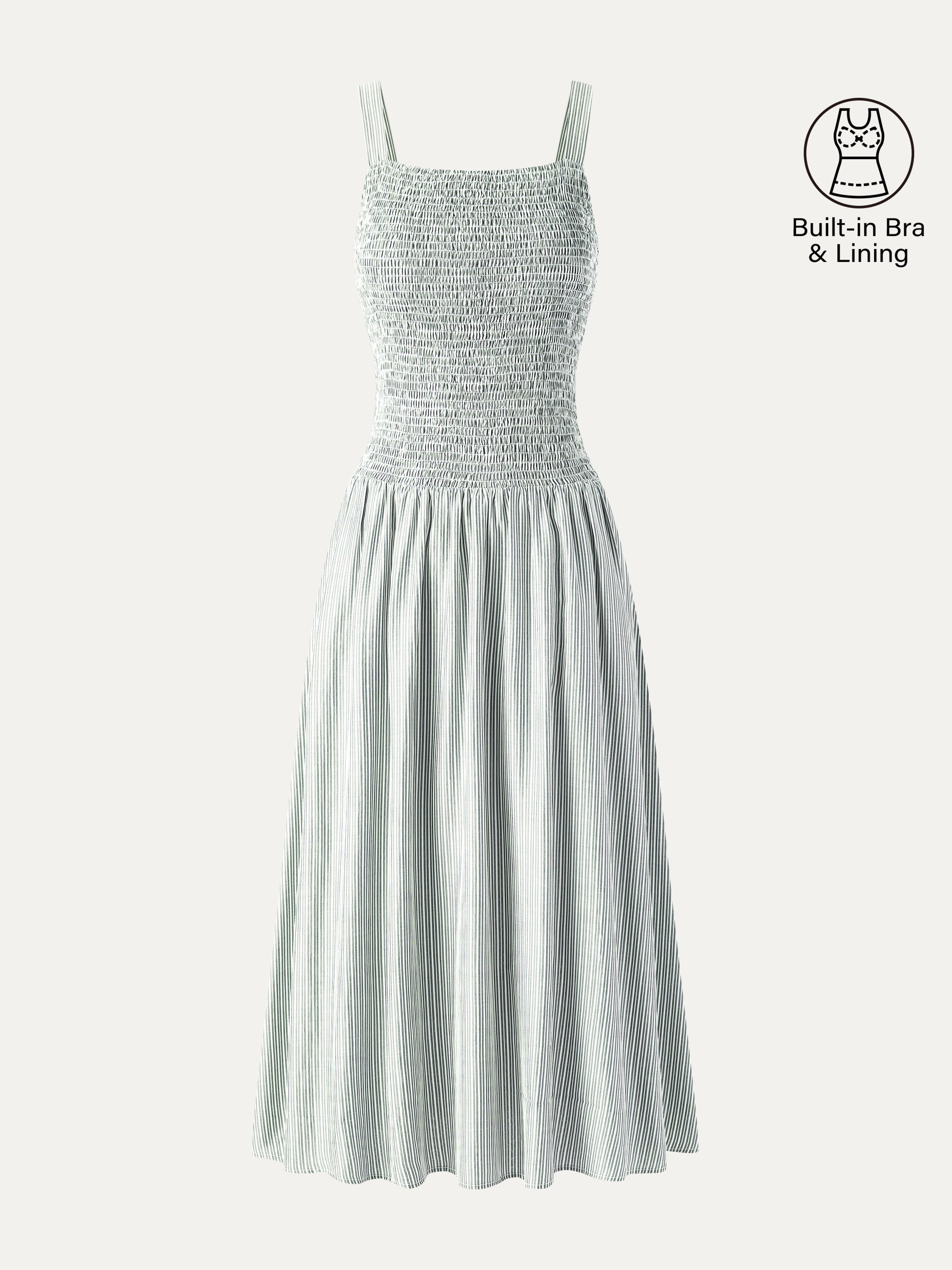 Striped Poplin Square Neck Smocked Midi Bra Dress