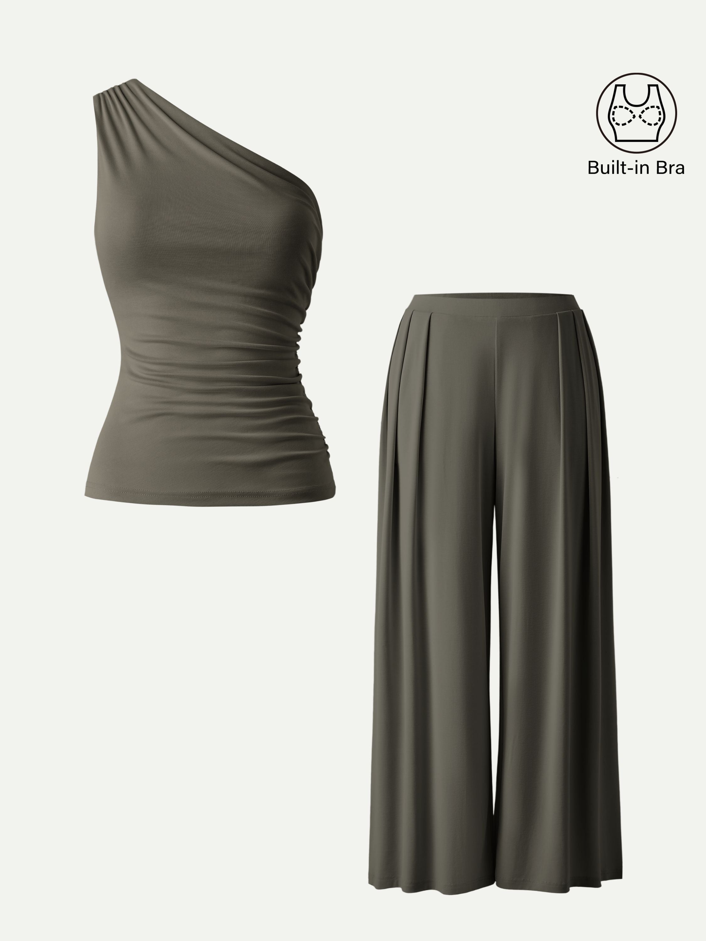 2Pcs Set Regular Wide Leg Palazzo Pant with Pockets & Ruched Bra Tank