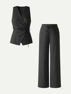 2Pcs Set Wrap Top with Self-Tie & Drawstring Wide Leg Pant with Pockets