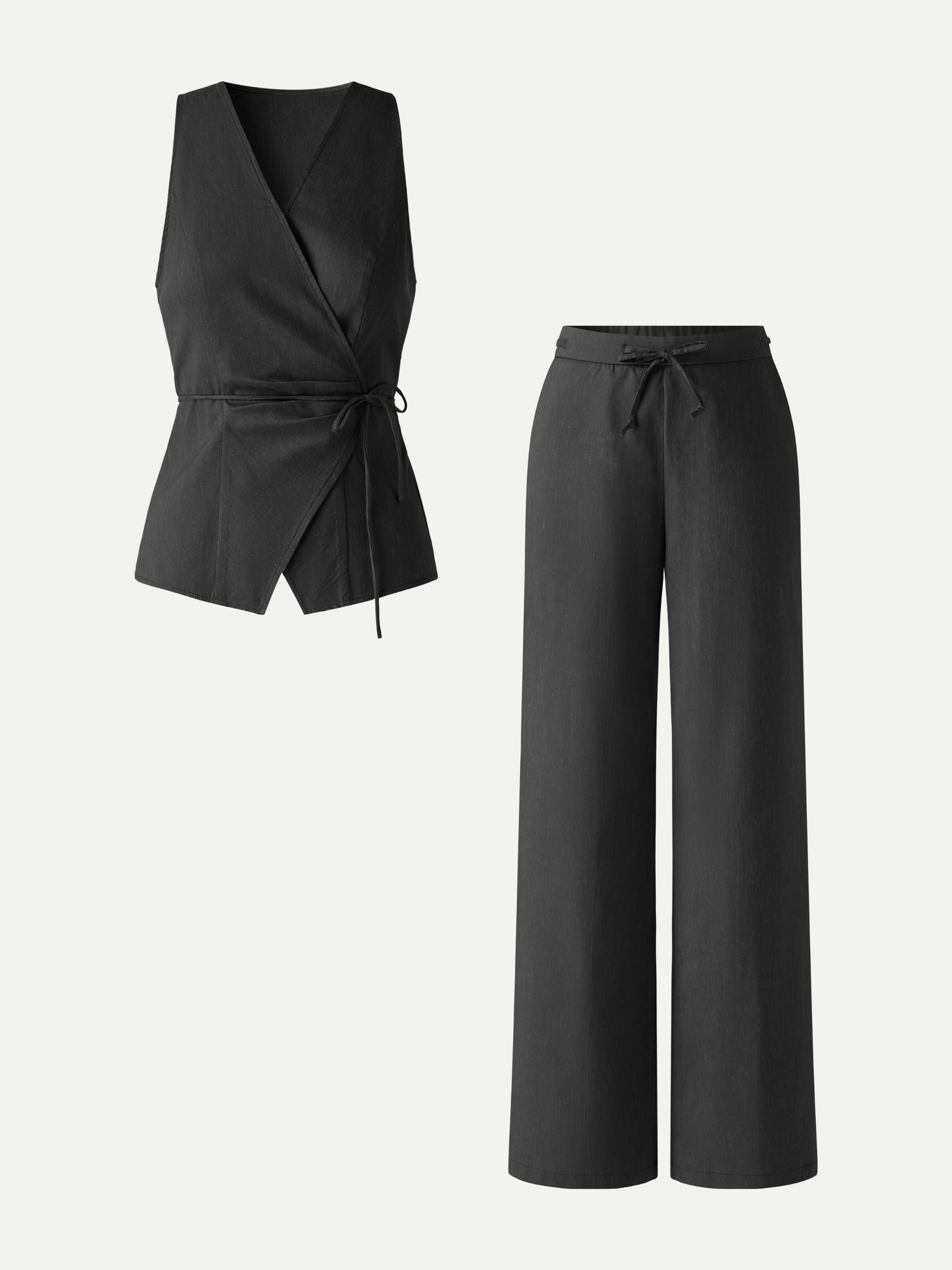 2Pcs Set Wrap Top with Self-Tie & Drawstring Wide Leg Pant with Pockets