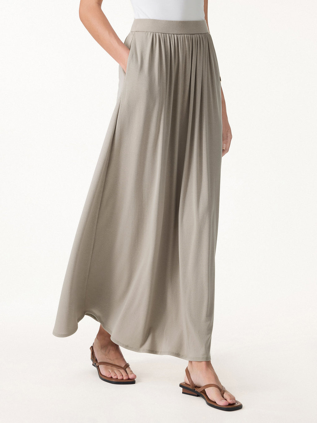 Soft Linen Knit Gathered A-Line Maxi Skirt with Pockets