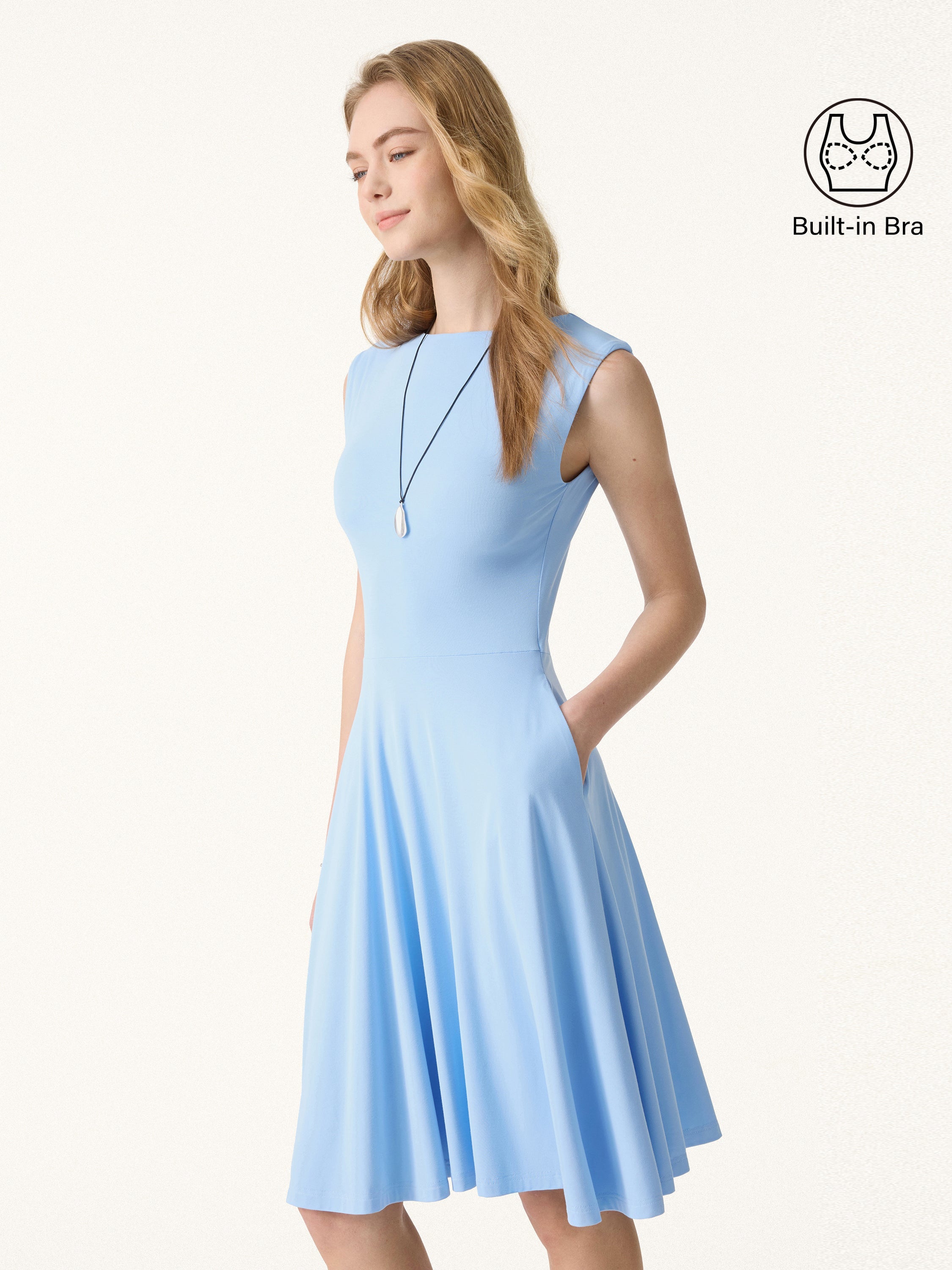 SkinKiss Boatneck Wide Shoulder Bra Dress with Pockets