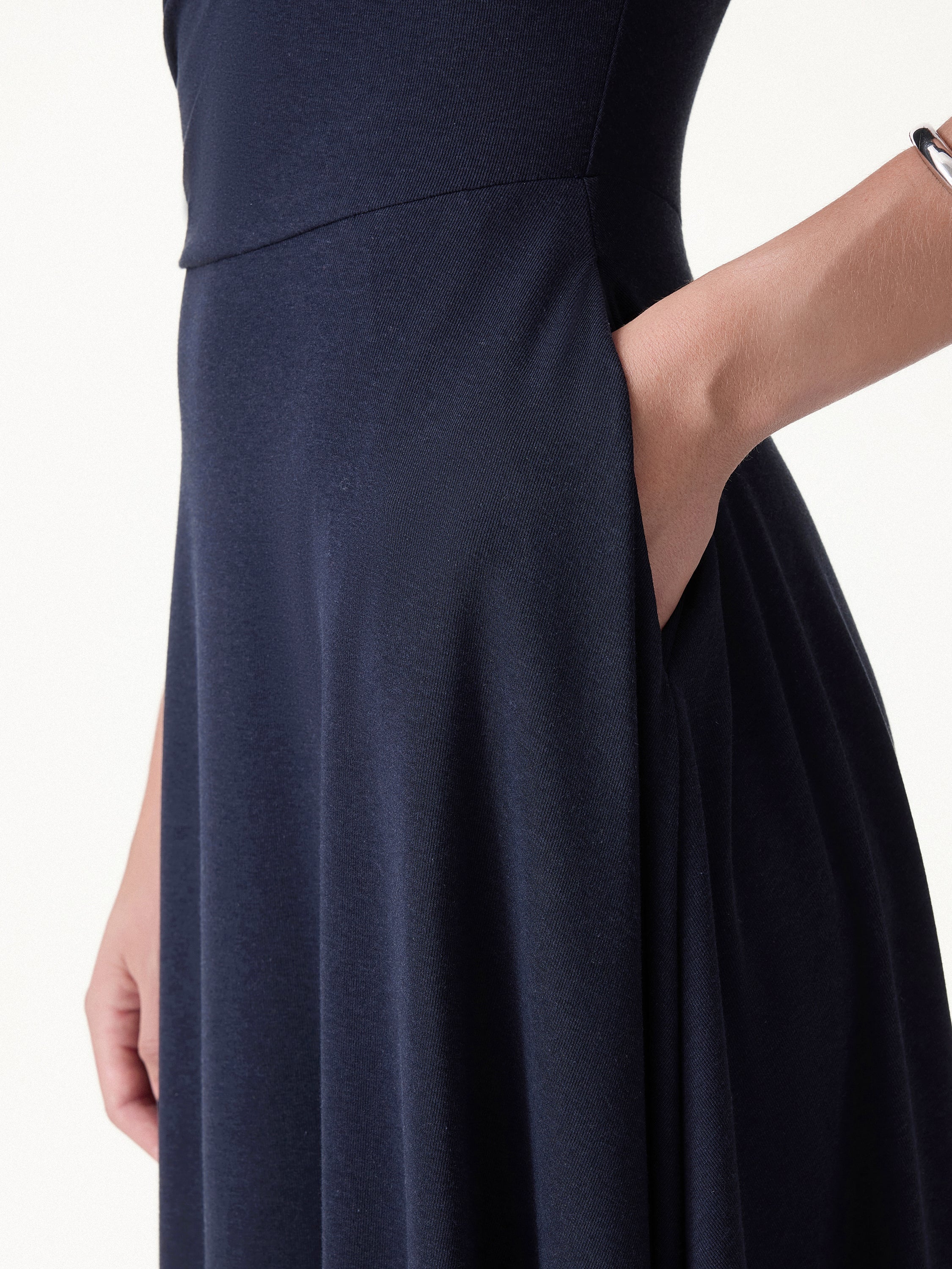 Asymmetrical Shoulder Tucked Midi Bra Dress with Pockets