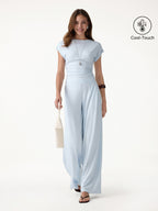2Pcs Set Round Neck Ruched Tee & Mid Rise Wide Leg Pants