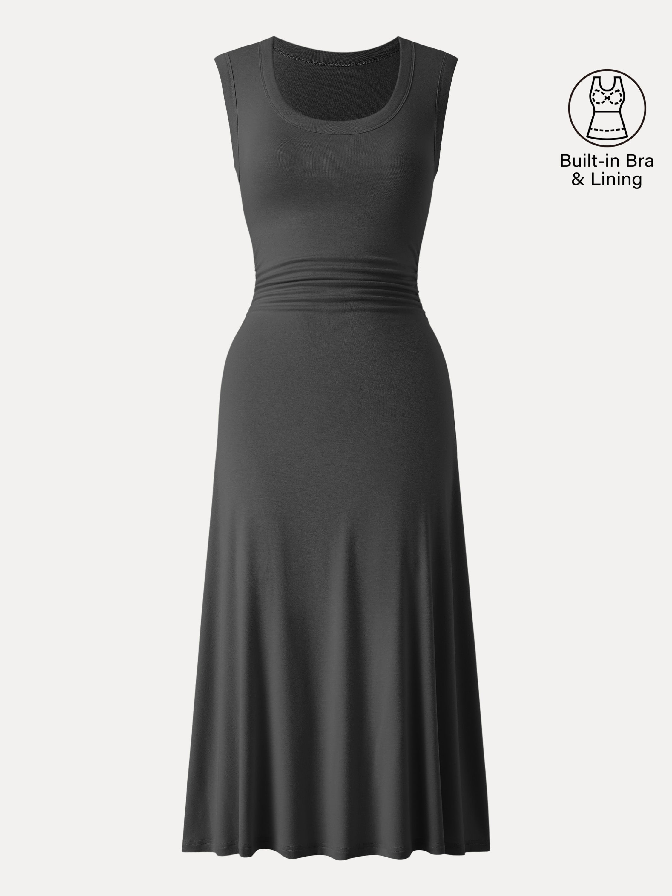 Scoop Neck Side Ruched New Airy Bra Midi Dress