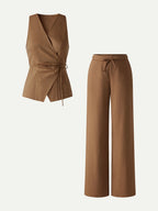 2Pcs Set Wrap Top with Self-Tie & Drawstring Wide Leg Pant with Pockets
