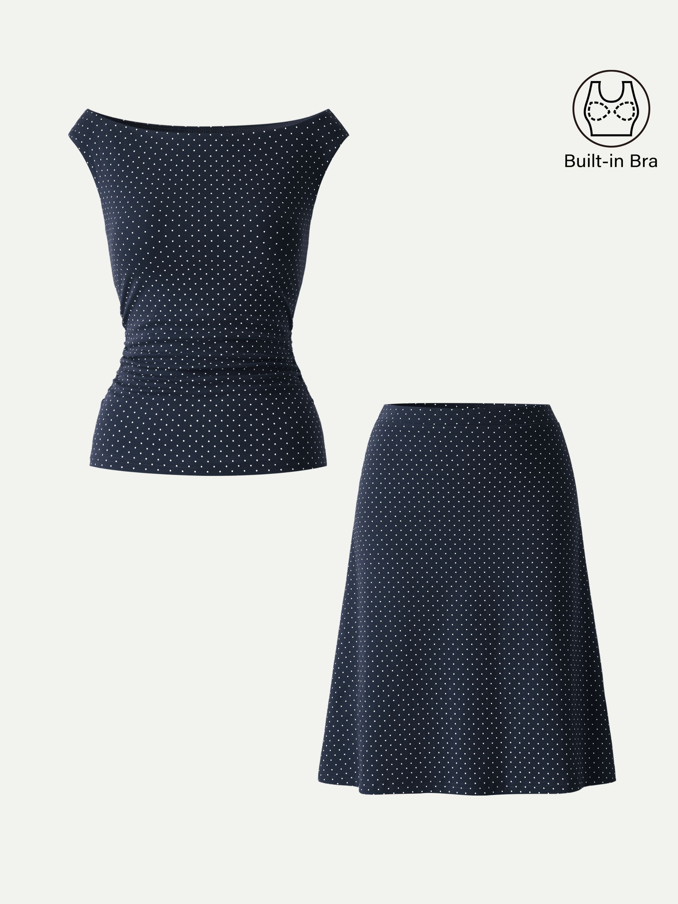 2Pcs Set Polka Dot Boatneck Bra Top & A-Line Flare Skirt Limited Edition
