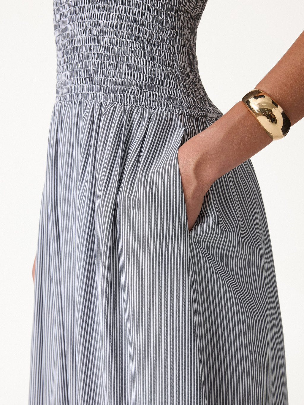 Striped Poplin Square Neck Smocked Midi Bra Dress