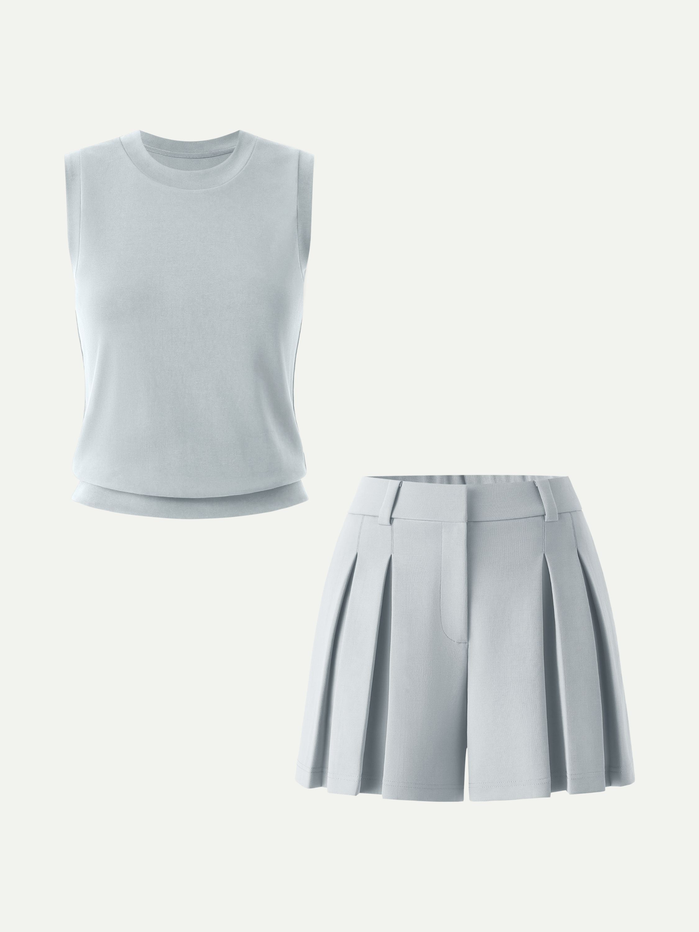 2Pcs Set Crew Neck Top & High Rise A-Line Pleated Shorts