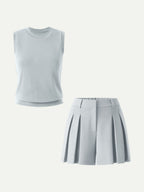 2Pcs Set Crew Neck Top & High Rise A-Line Pleated Shorts
