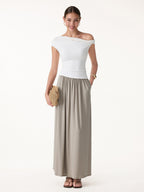 Soft Linen Knit Gathered A-Line Maxi Skirt with Pockets