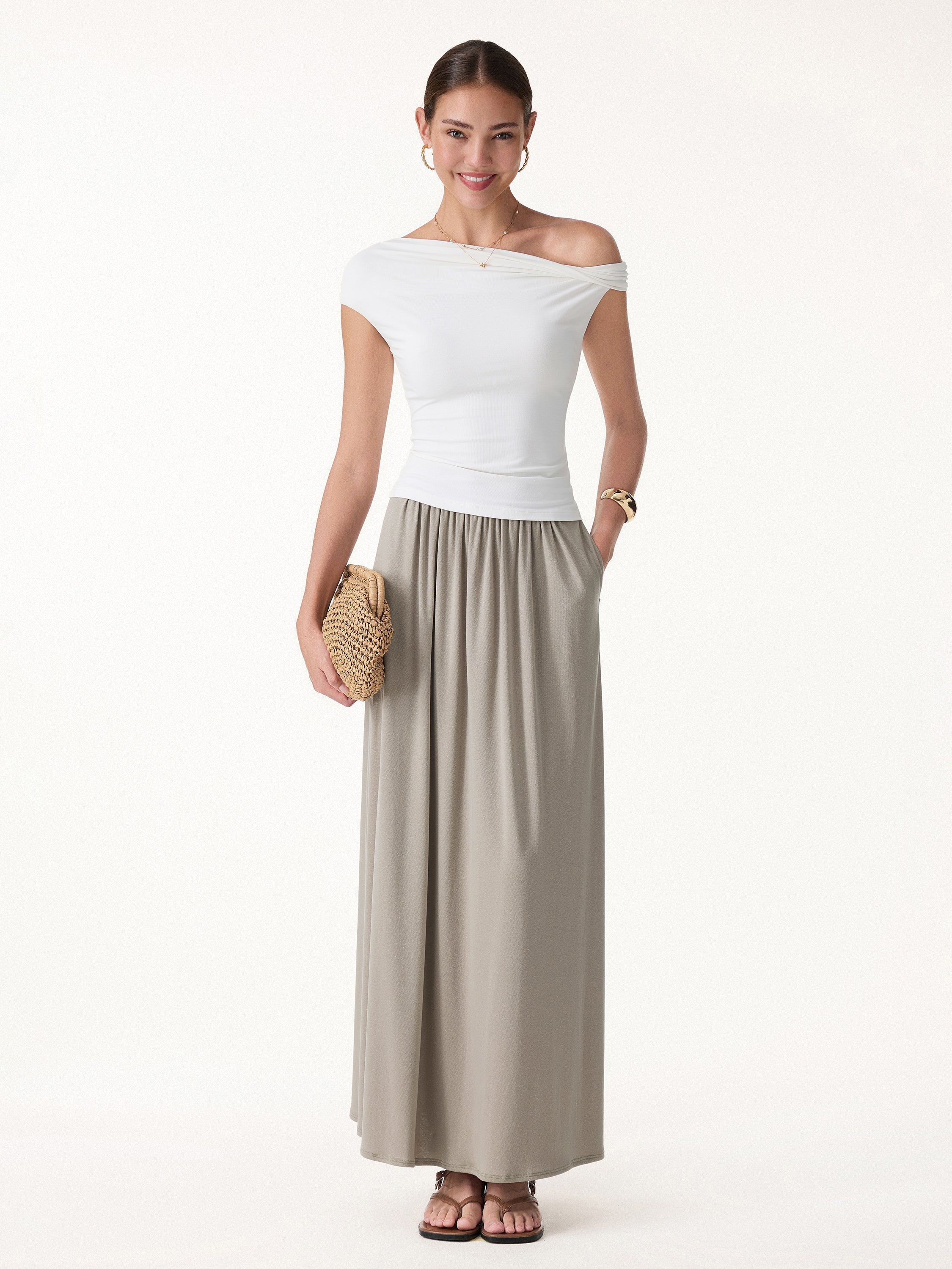 Soft Linen Knit Gathered A-Line Maxi Skirt with Pockets