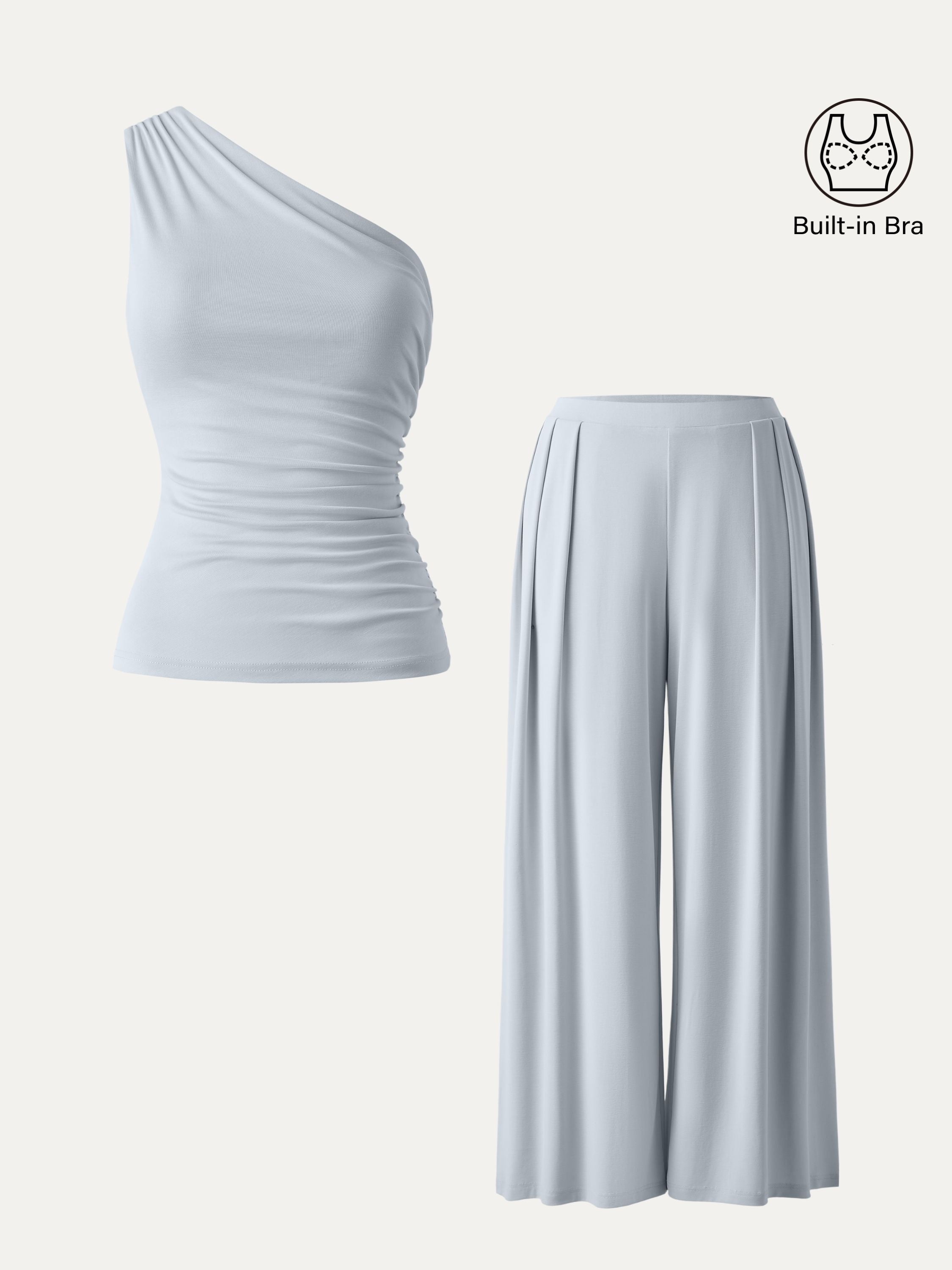 2Pcs Set Regular Wide Leg Palazzo Pant with Pockets & Ruched Bra Tank