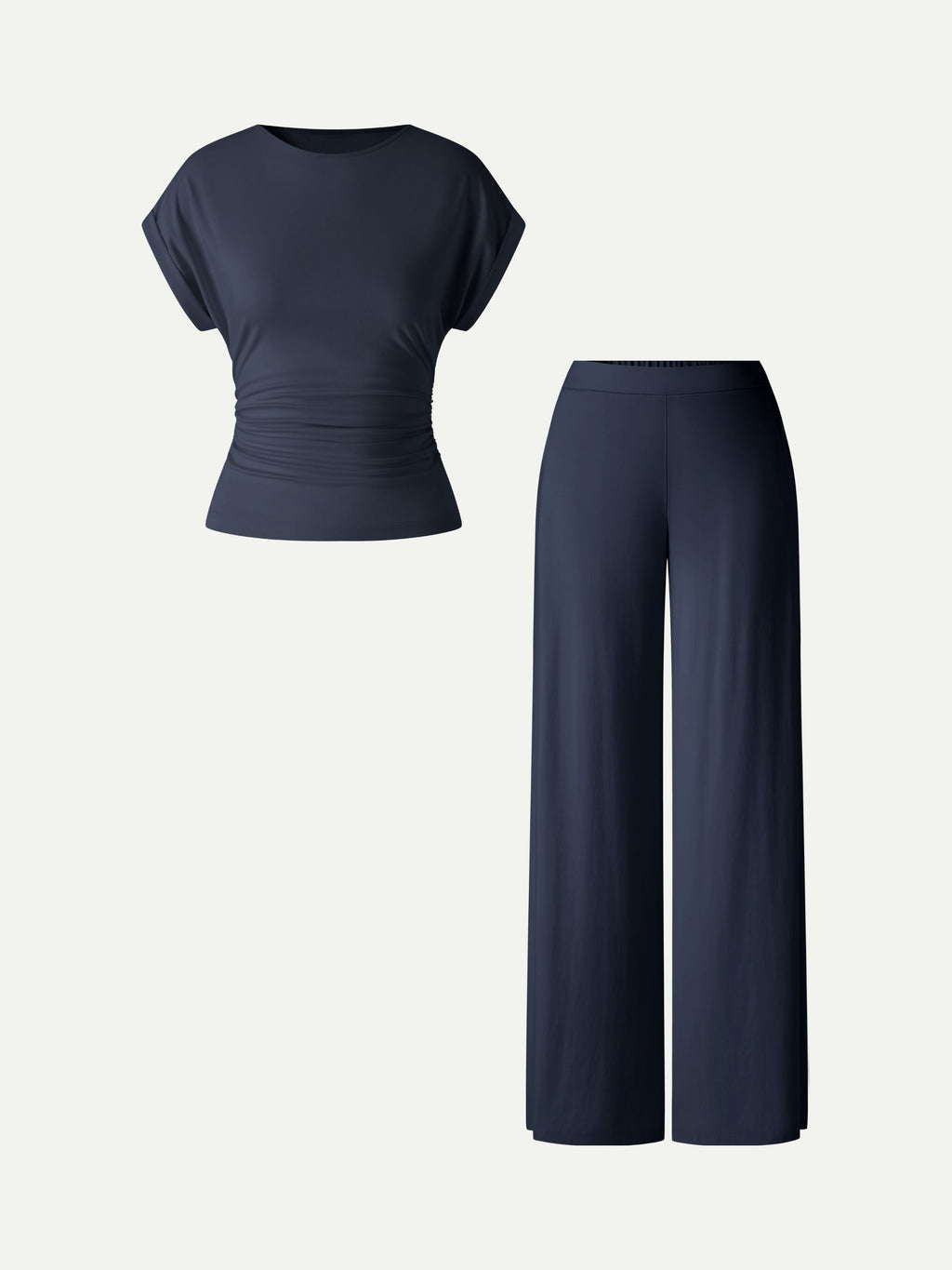 2Pcs Set Round Neck Ruched Tee & Mid Rise Wide Leg Pants