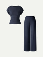 2Pcs Set Round Neck Ruched Tee & Mid Rise Wide Leg Pants