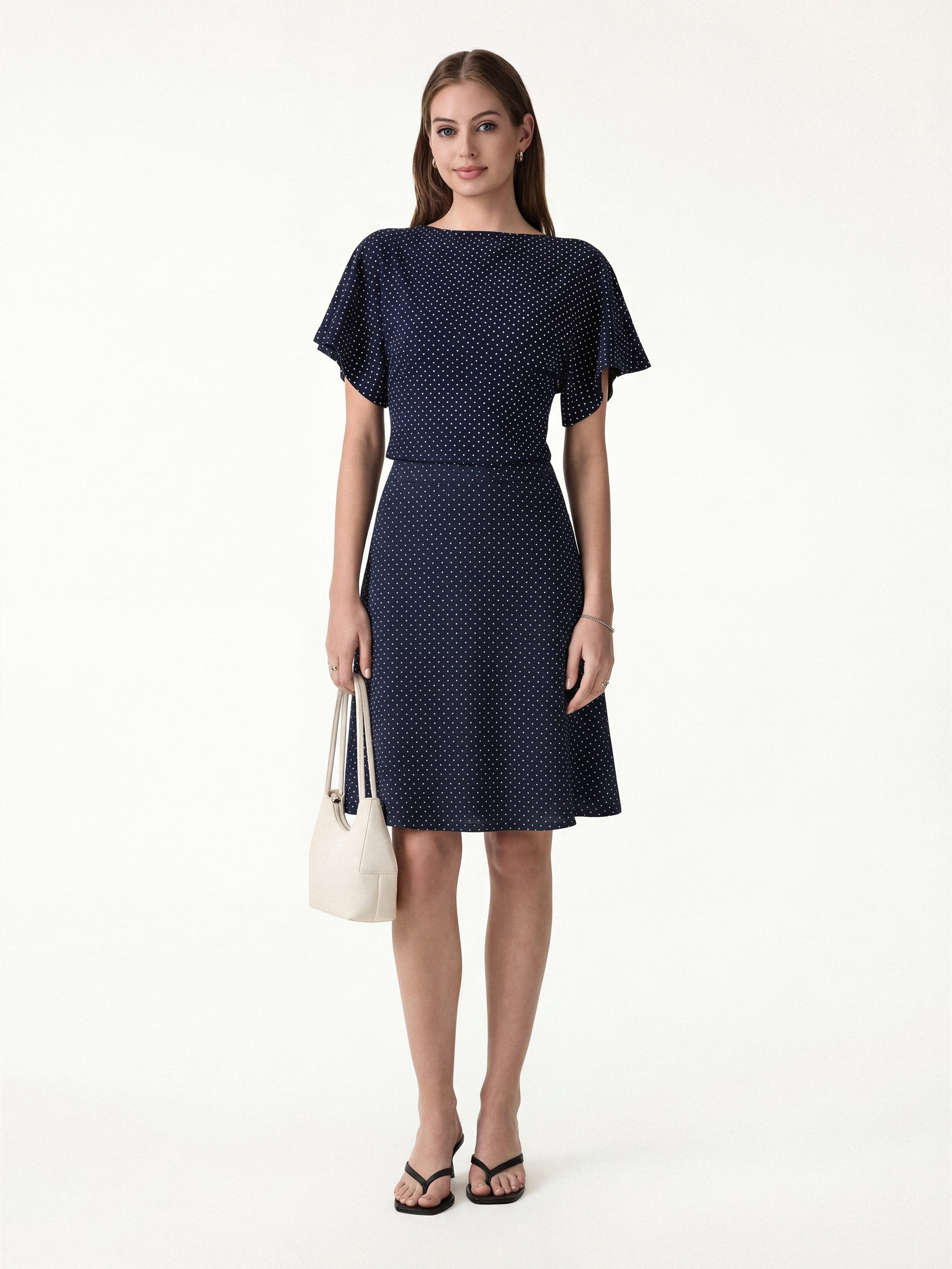 2Pcs Set Boatneck Flutter Sleeves Polka Dot Top & A-Line Flare Skirt Limited Edition