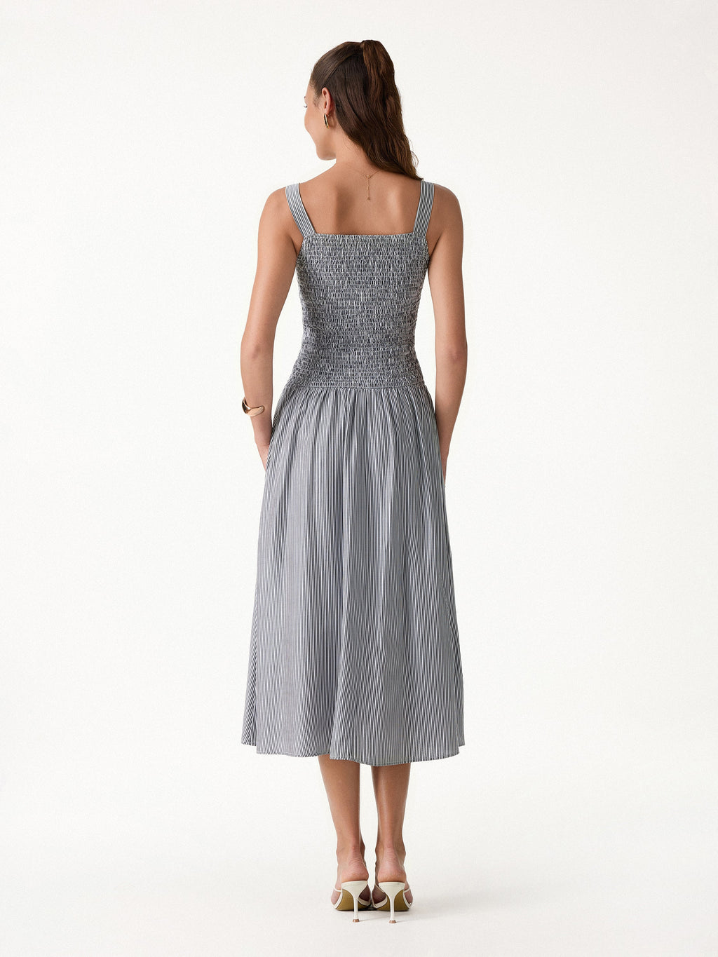 Striped Poplin Square Neck Smocked Midi Bra Dress