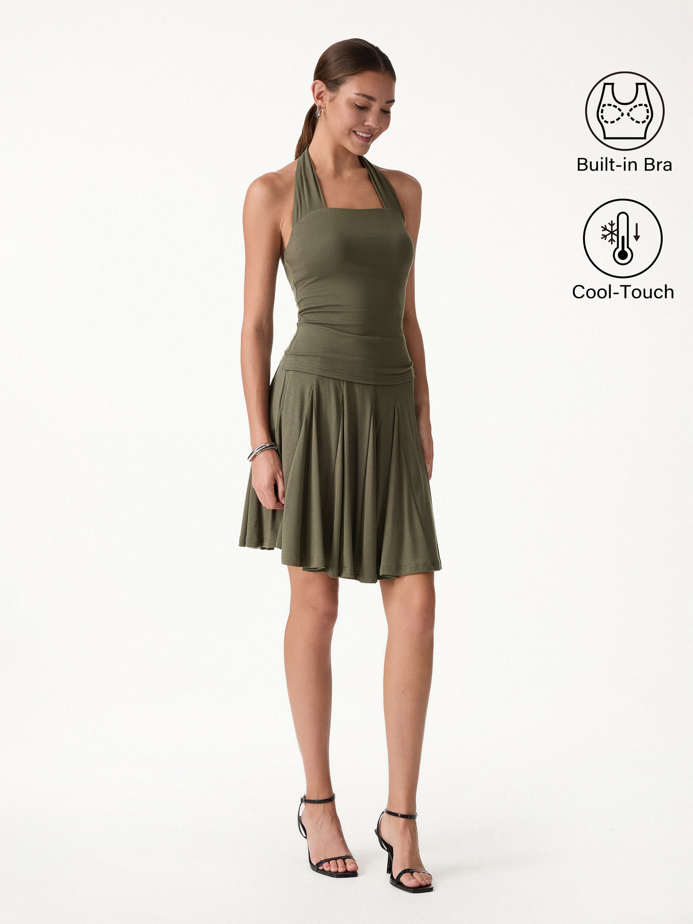 2Pcs Set Halter Going-Out Bra Top & Knee-Length Flare Skirt