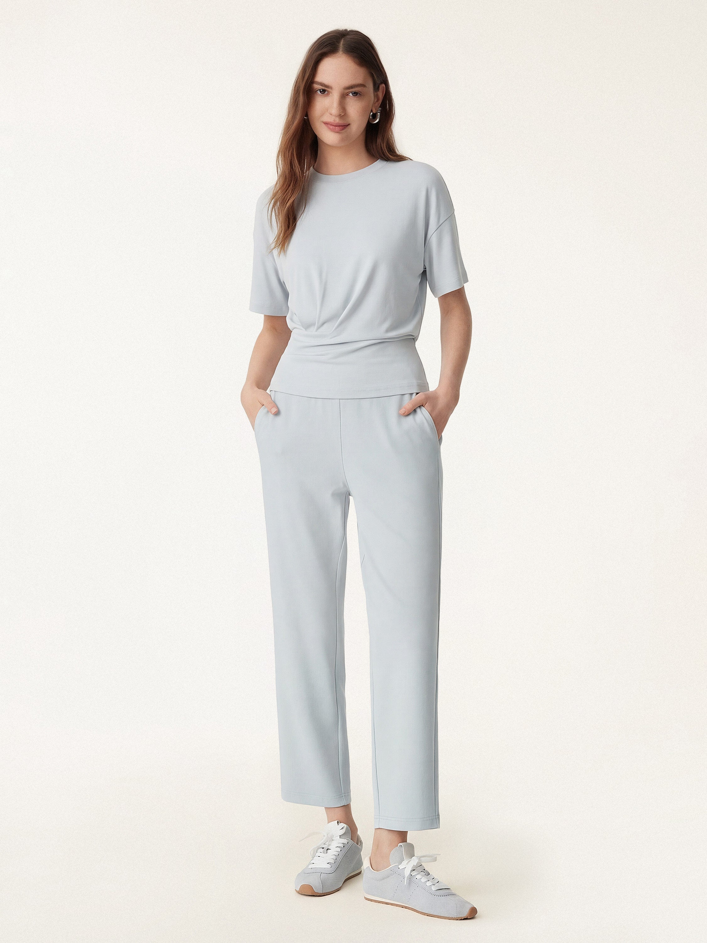 2Pcs Set Crewneck Tucked Tee & Mid Rise Tapered Pant with Pockets