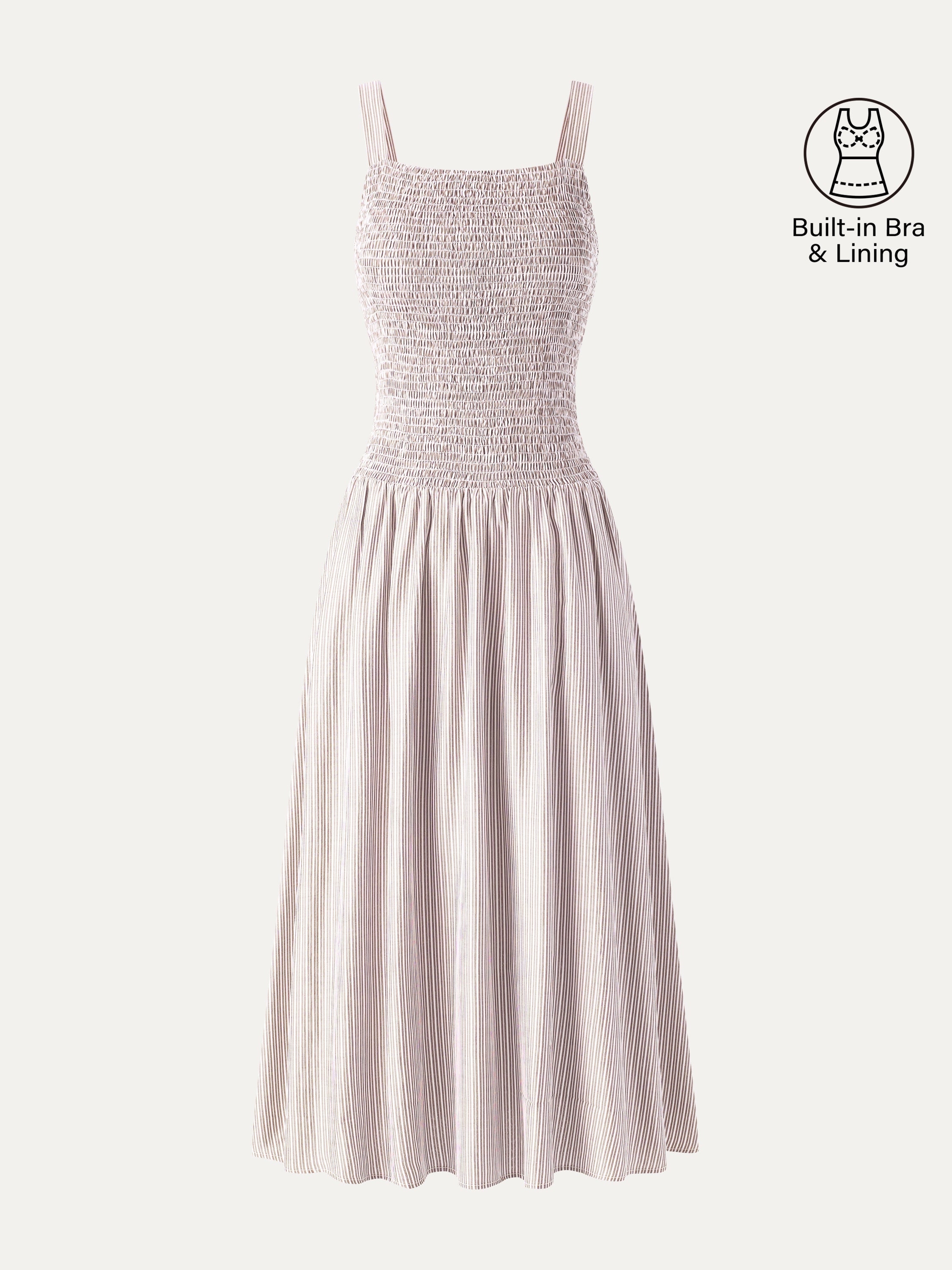 Striped Poplin Square Neck Smocked Midi Bra Dress