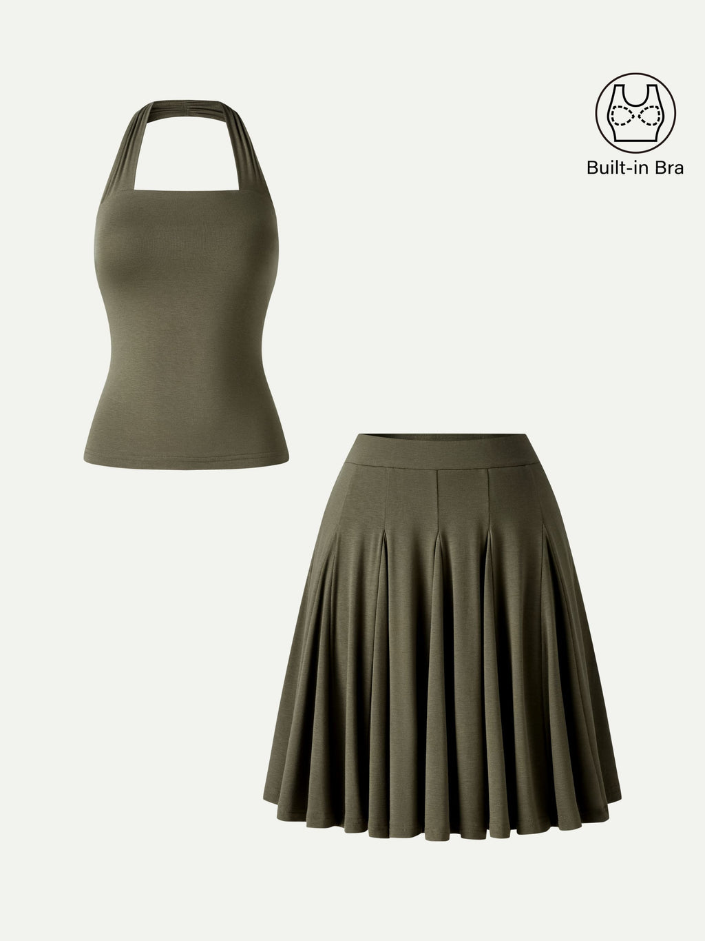 2Pcs Set Halter Going-Out Bra Top & Knee-Length Flare Skirt
