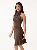Milky Matte Mockneck Bow Tie Ruched Mini Bra Dress