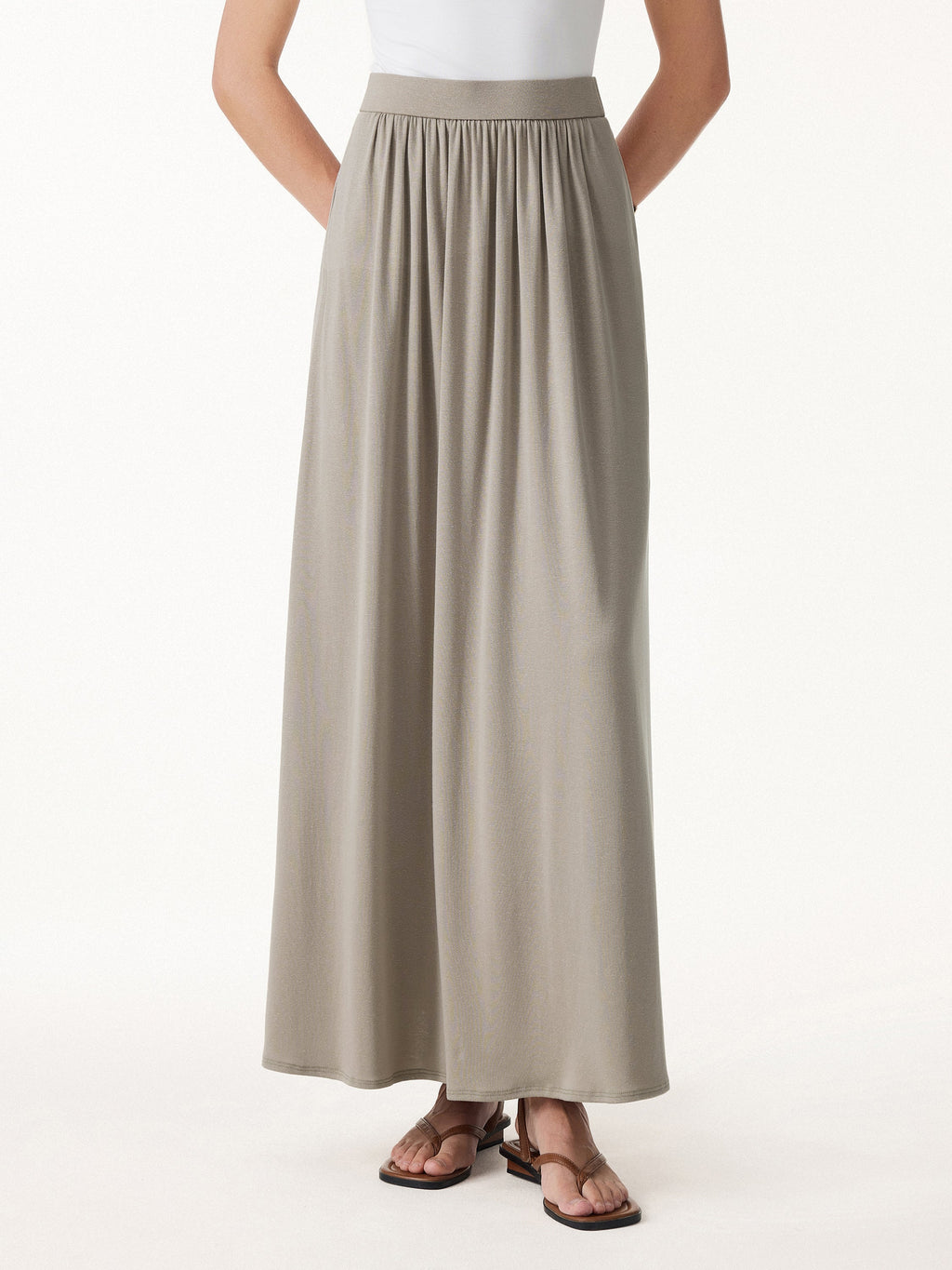 Soft Linen Knit Gathered A-Line Maxi Skirt with Pockets
