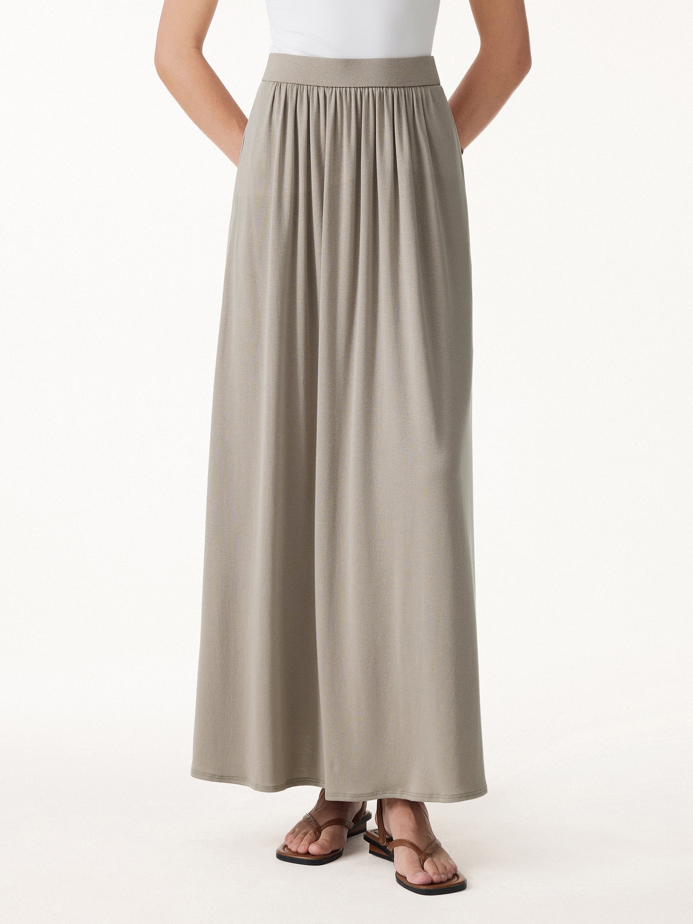 Soft Linen Knit Gathered A-Line Maxi Skirt with Pockets