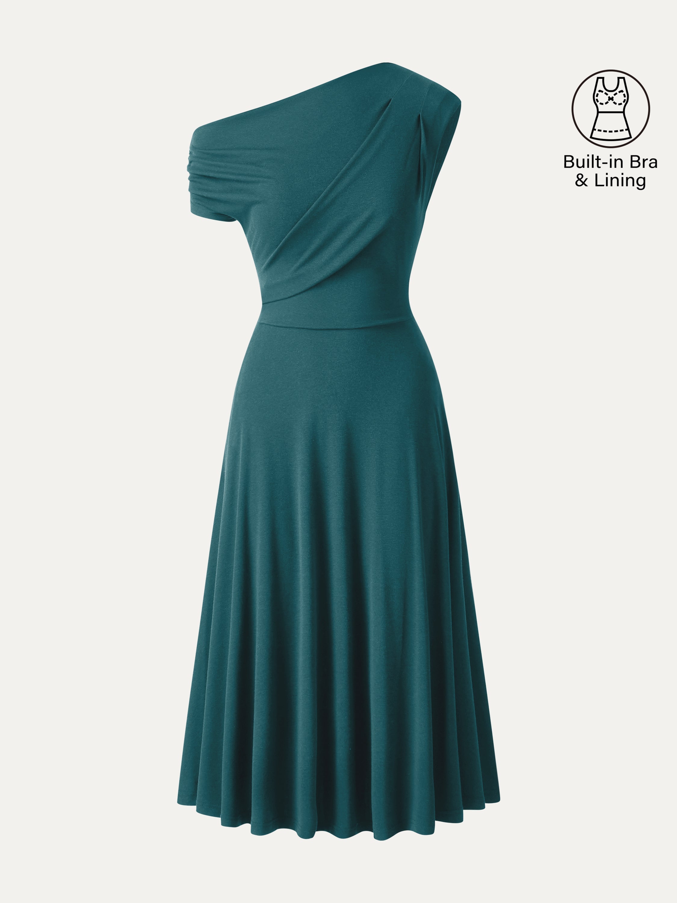 Asymmetrical Shoulder Tucked Midi Bra Dress with Pockets