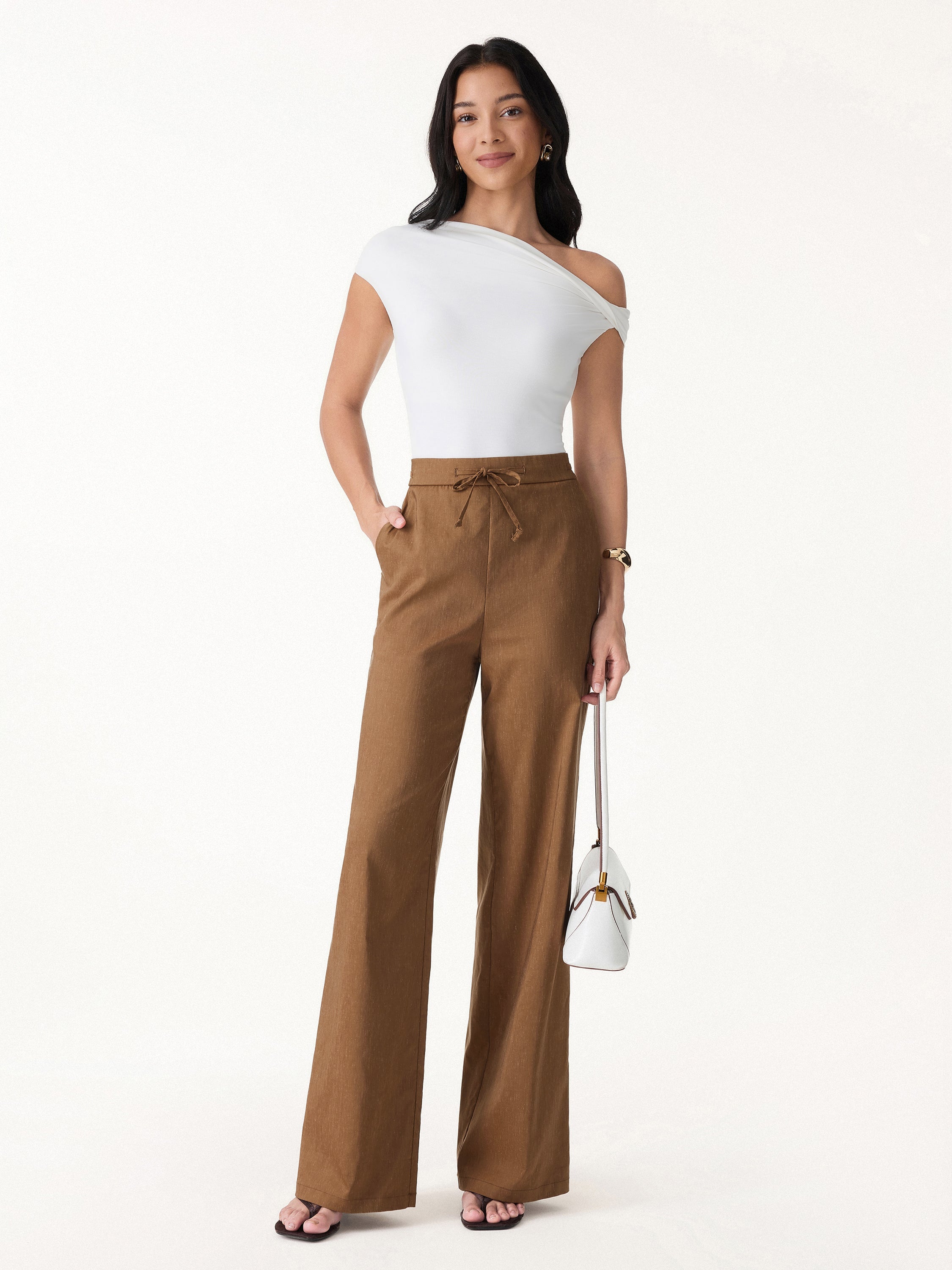 2Pcs Set Wrap Top with Self-Tie & Drawstring Wide Leg Pant with Pockets