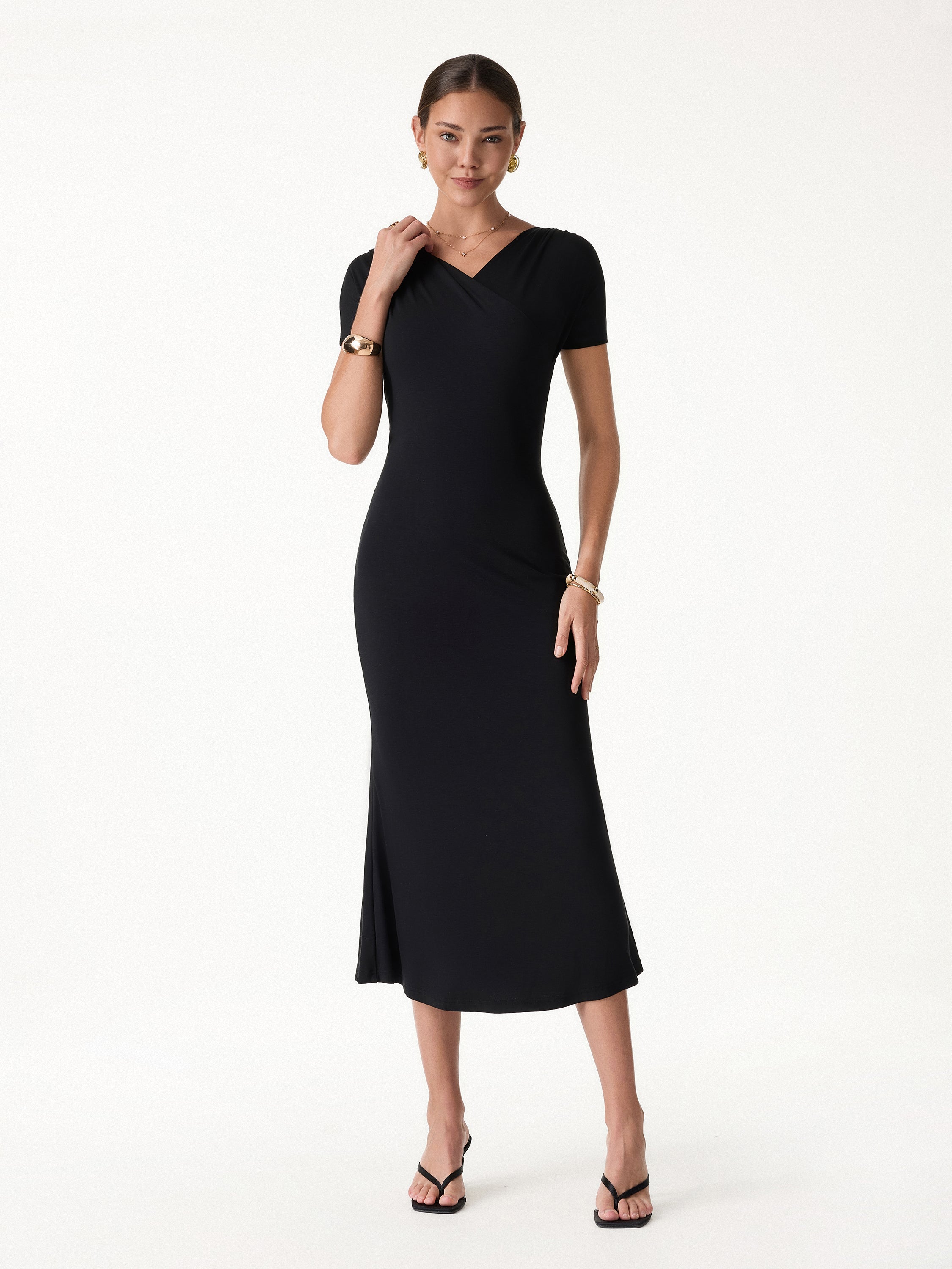 Surplice Short Sleeve Midi Dress