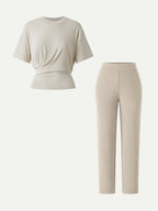 2Pcs Set Crewneck Tucked Tee & Mid Rise Tapered Pant with Pockets