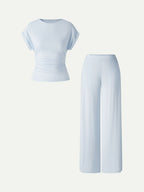 2Pcs Set Round Neck Ruched Tee & Mid Rise Wide Leg Pants