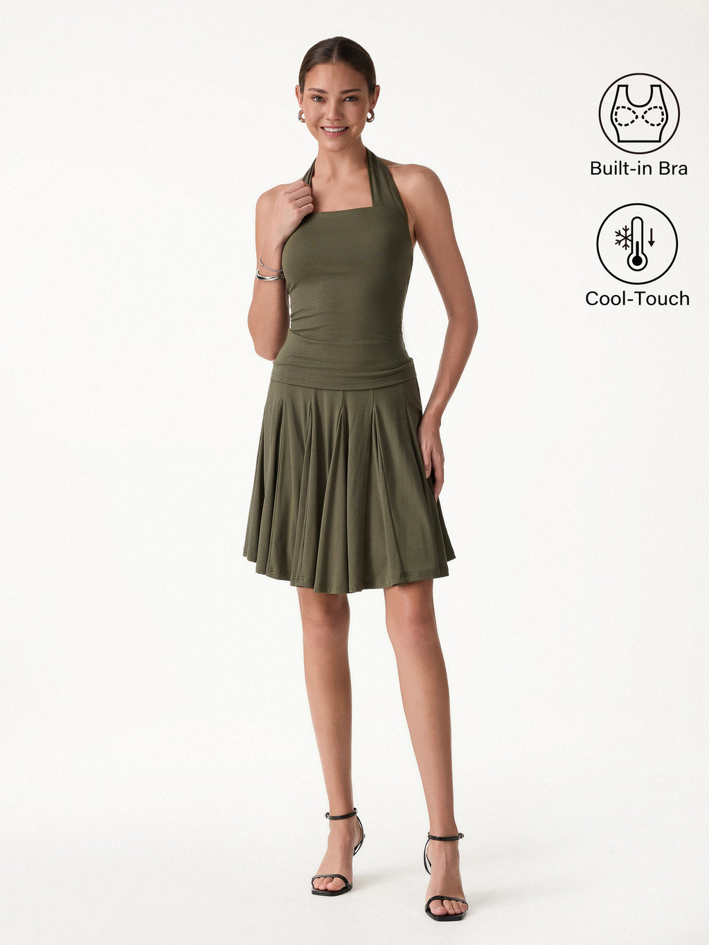 2Pcs Set Halter Going-Out Bra Top & Knee-Length Flare Skirt