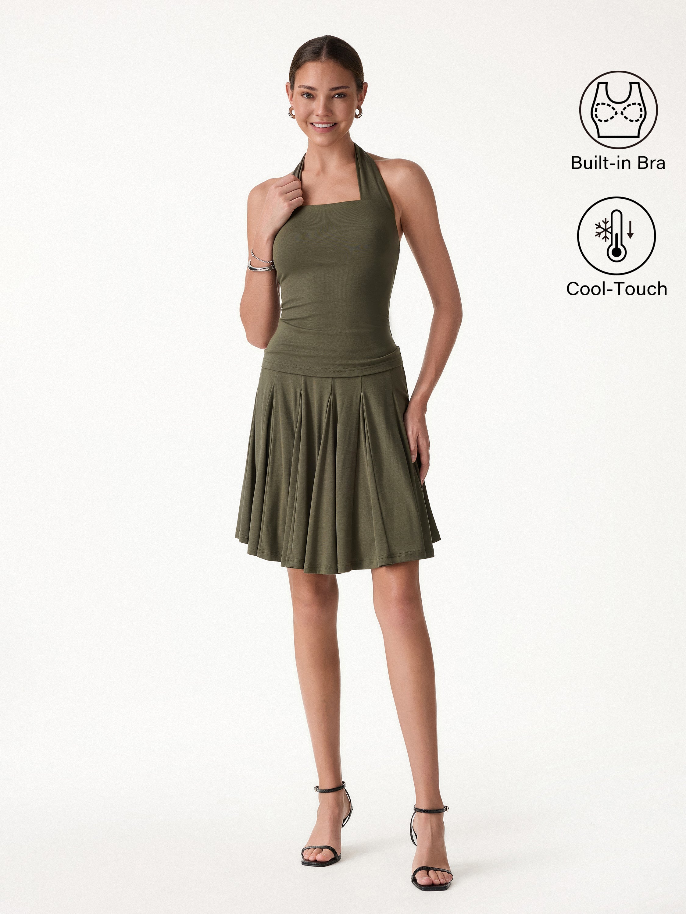 2Pcs Set Halter Going-Out Bra Top & Knee-Length Flare Skirt