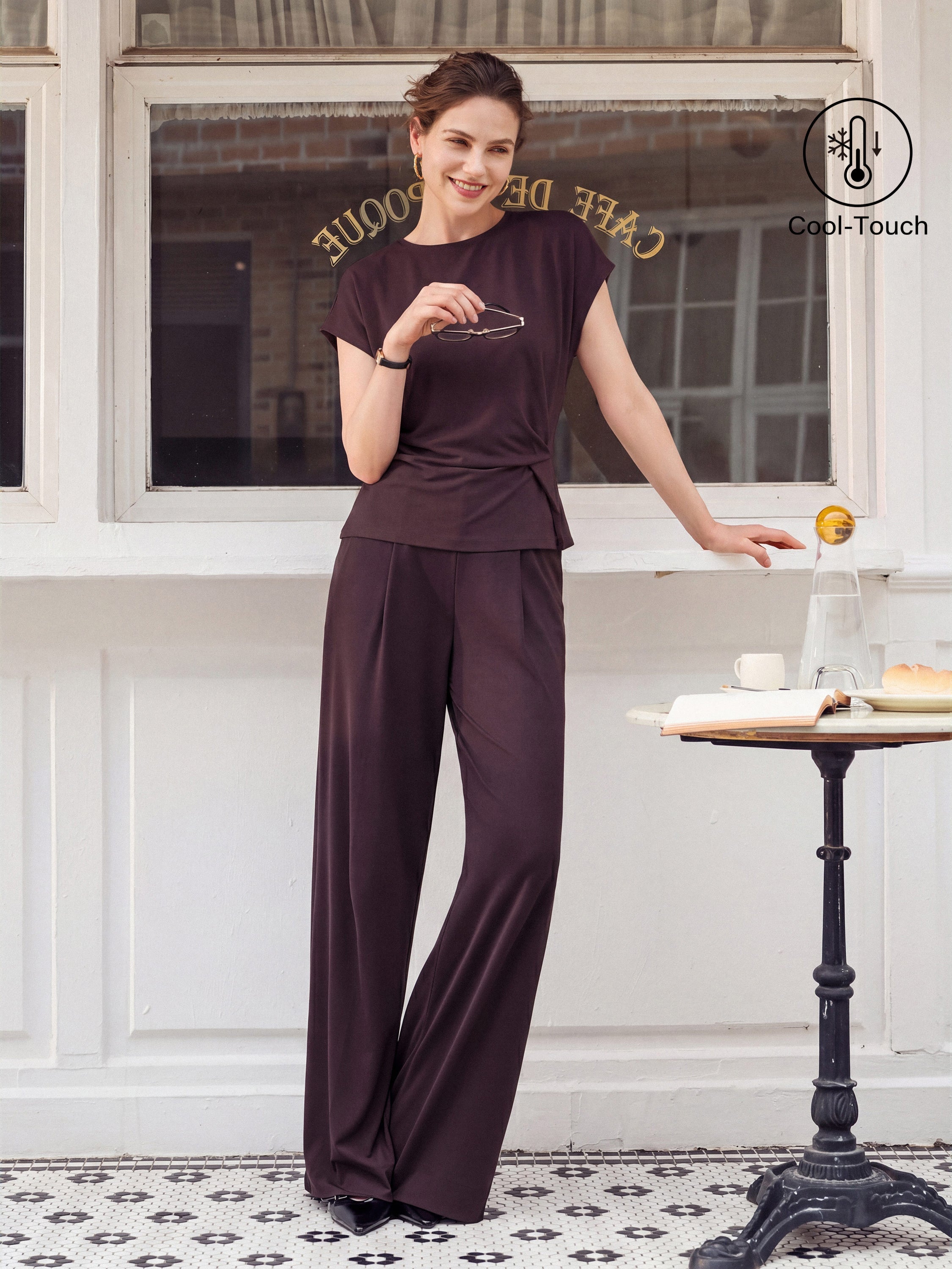 2Pcs Set Round Neck Tucked Top & Wide Leg The Success Pants