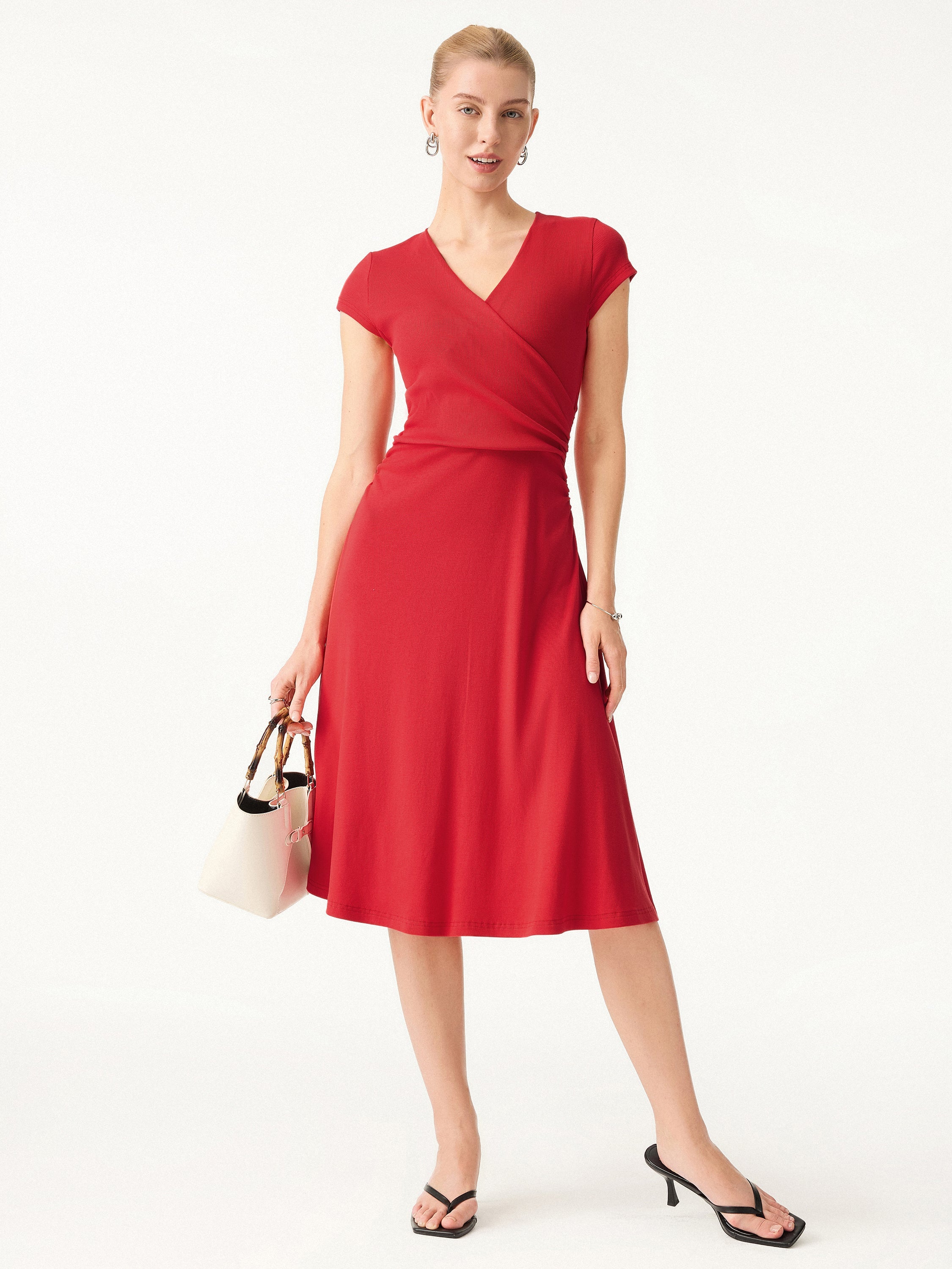 Stretch Cotton Surplice V-neck Cap Sleeve Midi Dress