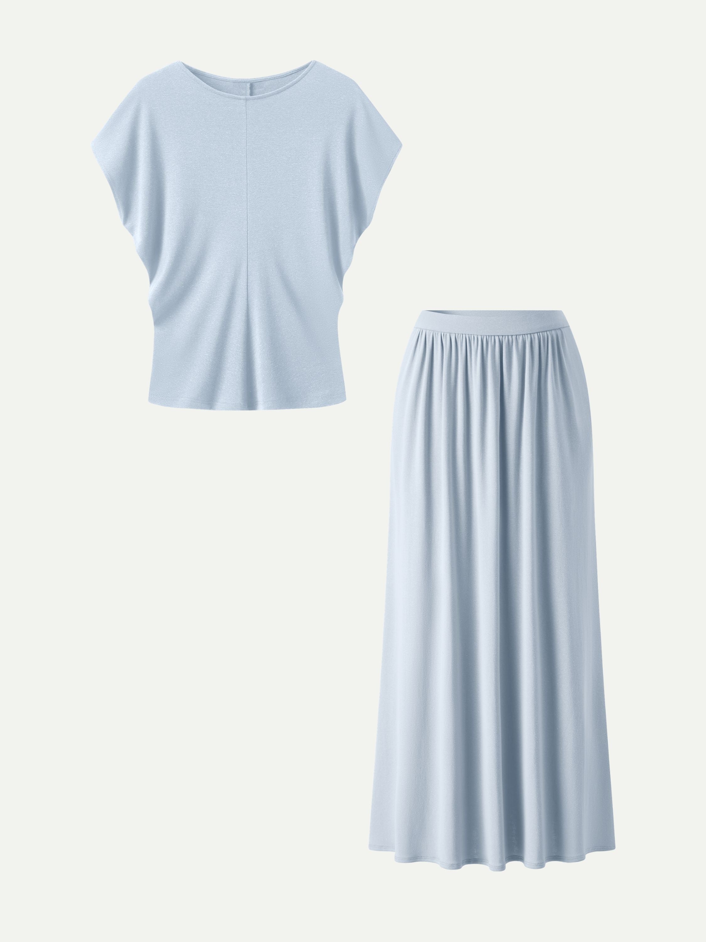 2Pcs Set Round Neck Top & A-Line Maxi Skirt with Pockets
