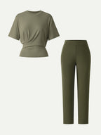 2Pcs Set Crewneck Tucked Tee & Mid Rise Tapered Pant with Pockets