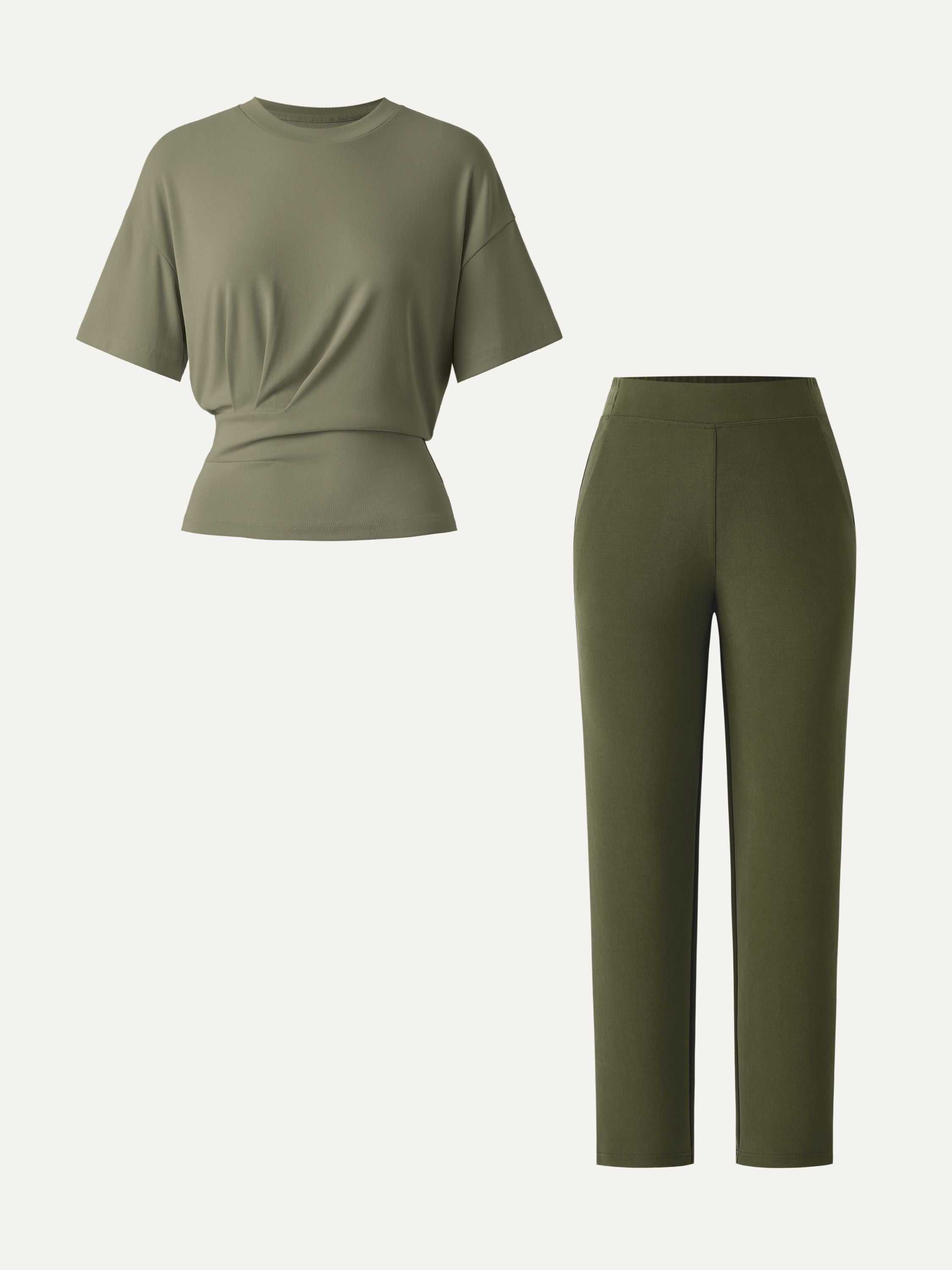 2Pcs Set Crewneck Tucked Tee & Mid Rise Tapered Pant with Pockets