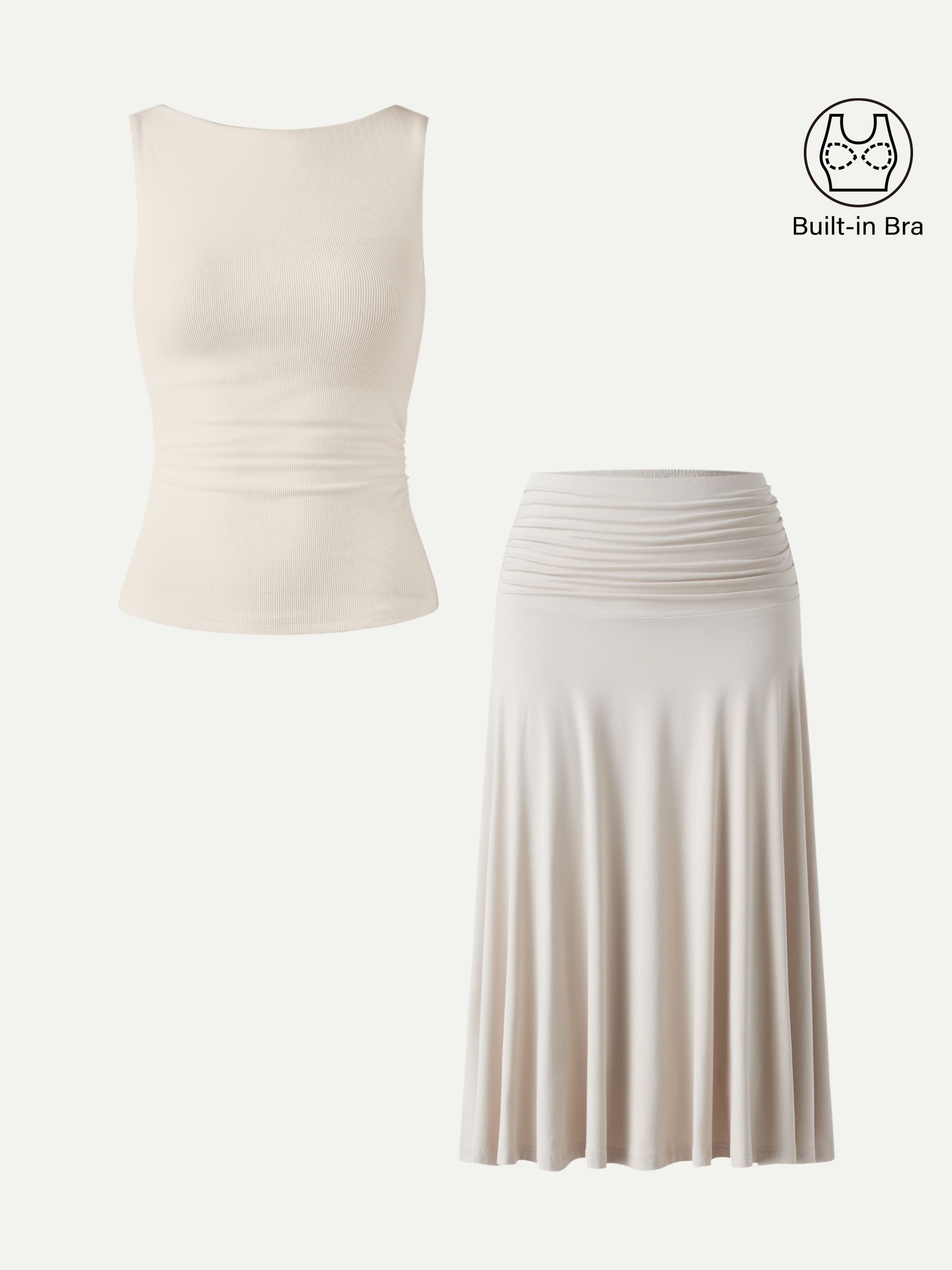 2Pcs Set Open Back Bra Tank & Side Ruched A-line Midi Skirt