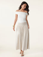 European Linen Smocked Waist Skirt with Pockets