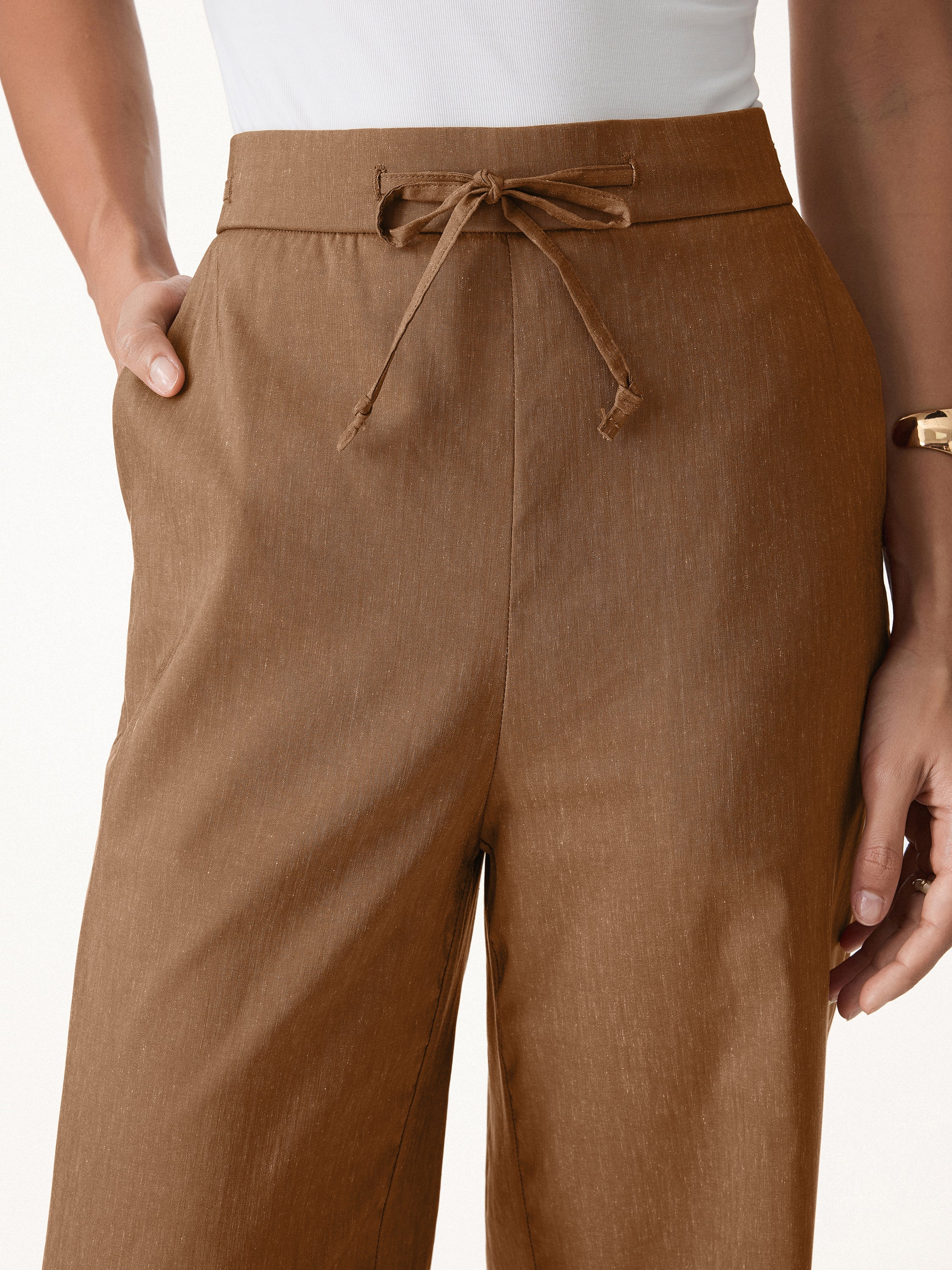 Wrinkle-Resistant Linen Drawstring Wide Leg Pant with Pockets