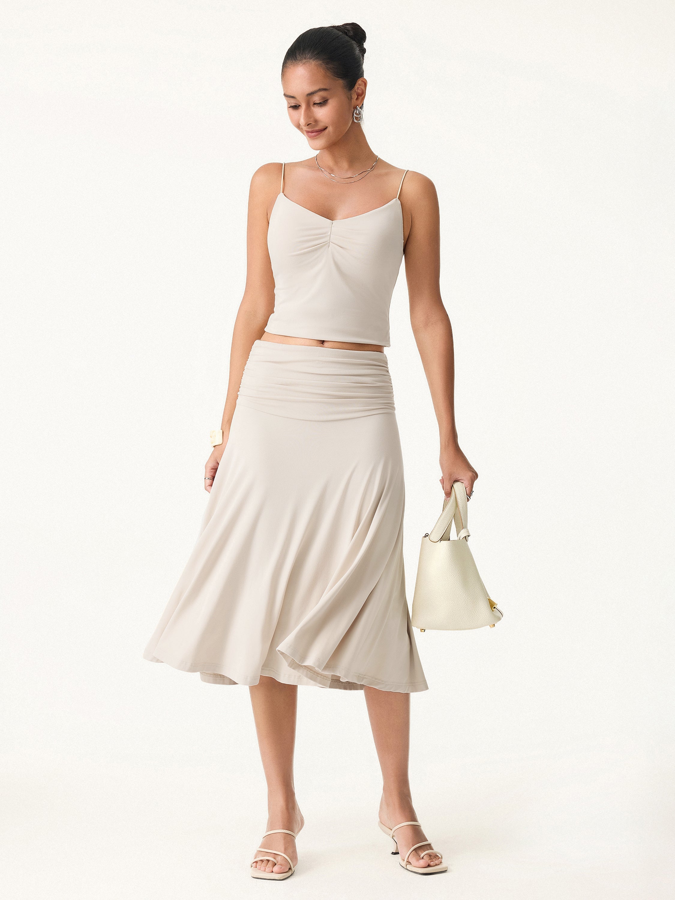Flowy Side Ruched A-line Midi Skirt